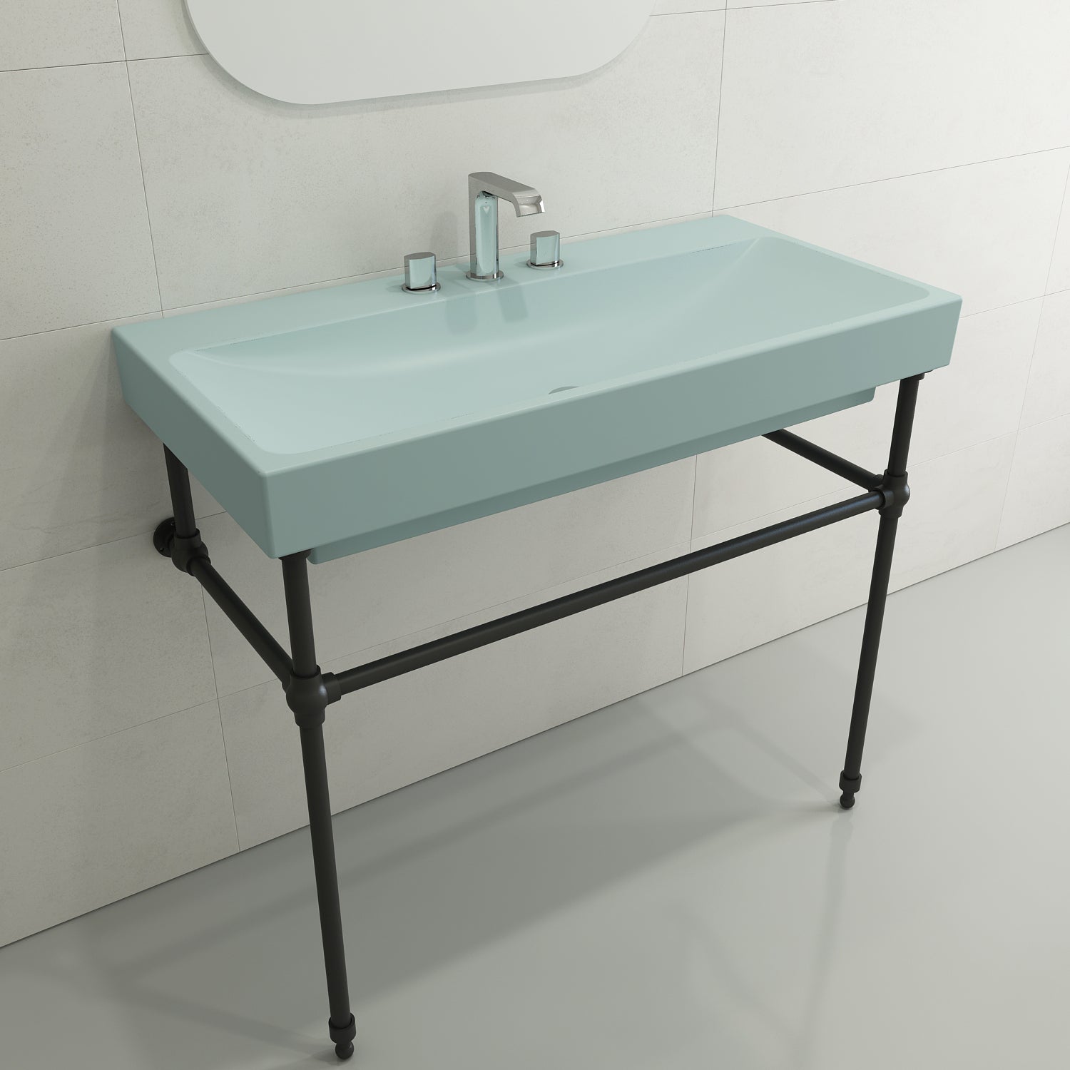 BOCCHI Scala 40" Rectangle Wallmount Fireclay Bathroom Sink, Matte Ice Blue, 3 Faucet Hole, 1079-029-0127
