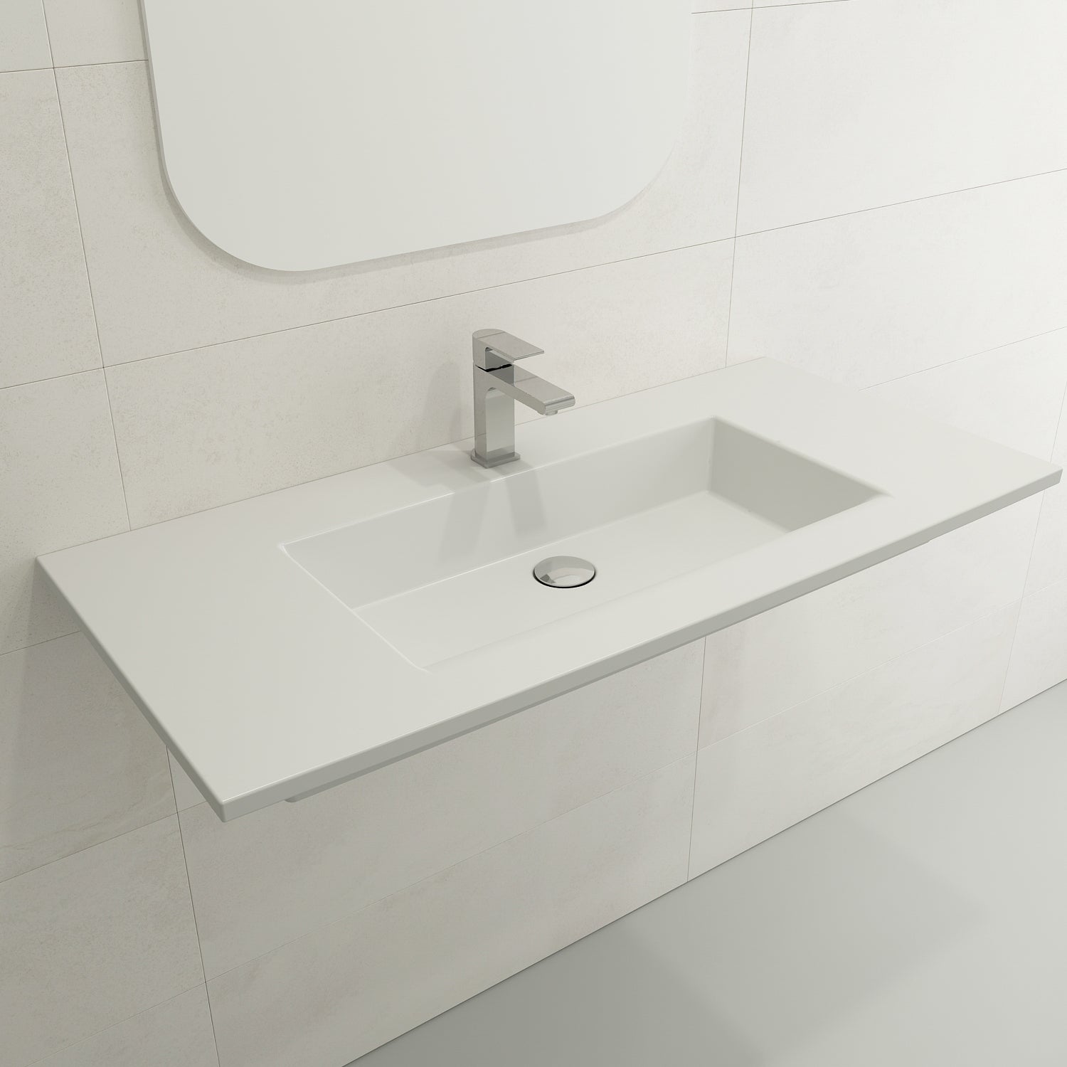 BOCCHI Ravenna 41" Rectangle Wallmount Fireclay Bathroom Sink, Matte White, Single Faucet Hole, 1105-002-0126