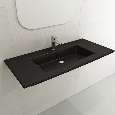 BOCCHI Ravenna 41" Rectangle Wallmount Fireclay Bathroom Sink, Matte Black, Single Faucet Hole, 1105-004-0126