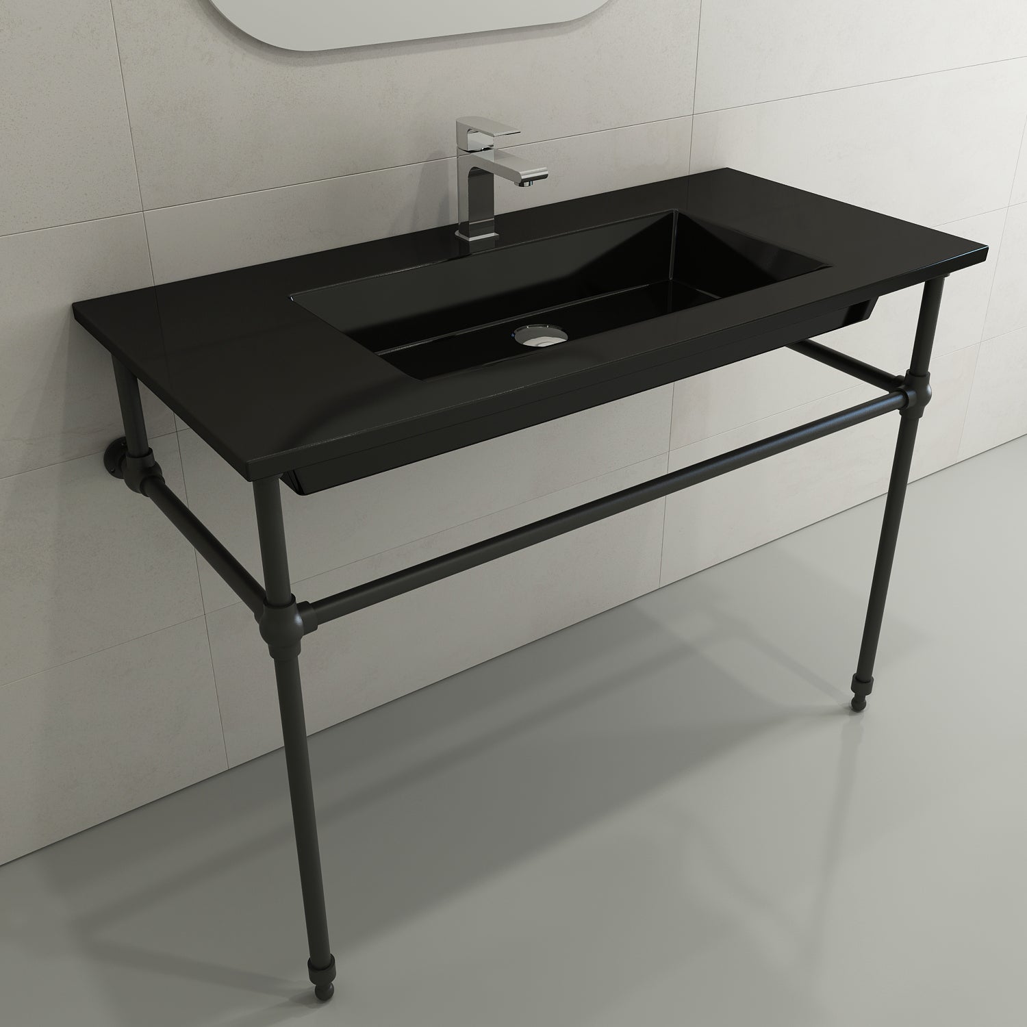 BOCCHI Ravenna 41" Rectangle Wallmount Fireclay Bathroom Sink, Black, Single Faucet Hole, 1105-005-0126