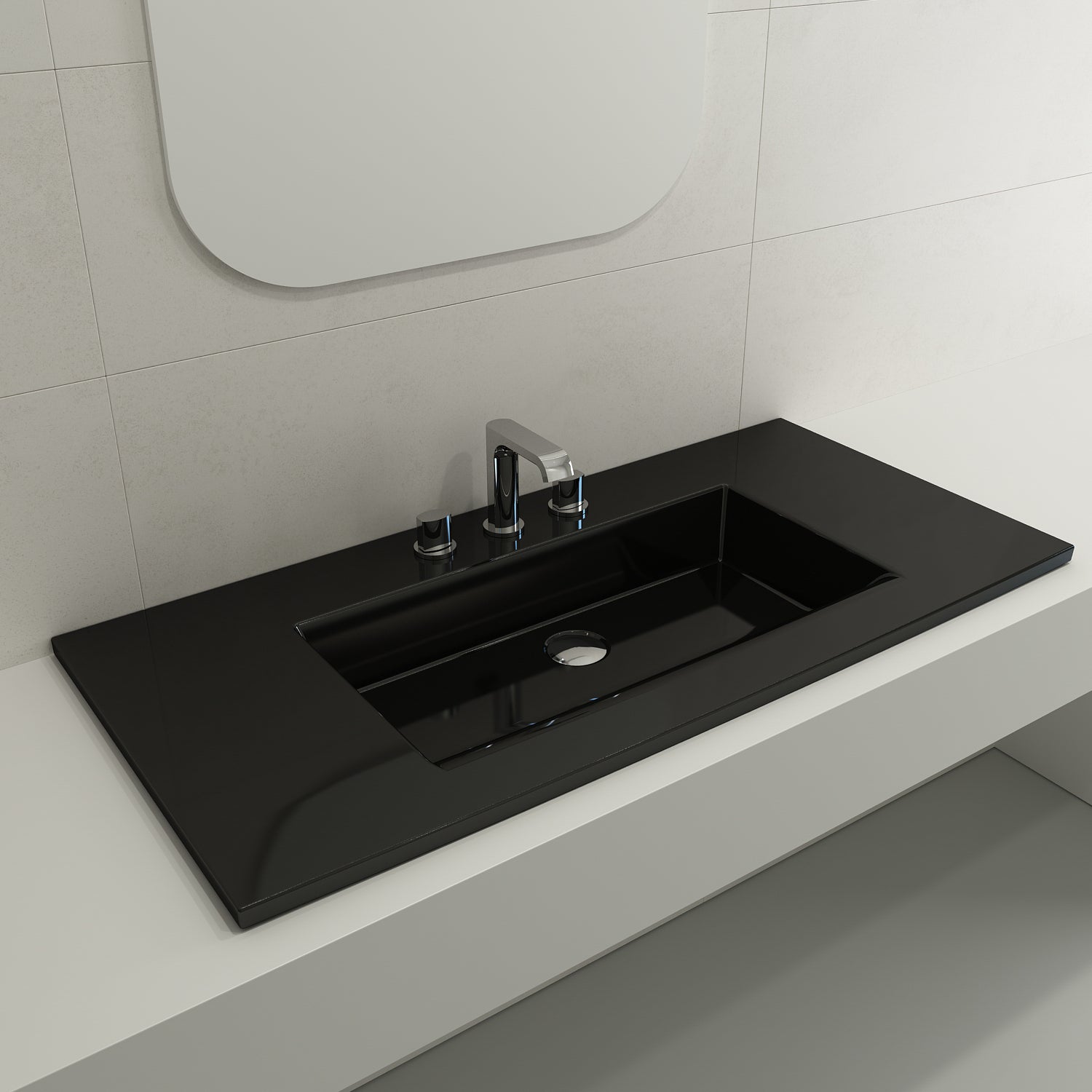 BOCCHI Ravenna 41" Rectangle Wallmount Fireclay Bathroom Sink, Black, 3 Faucet Hole, 1105-005-0127