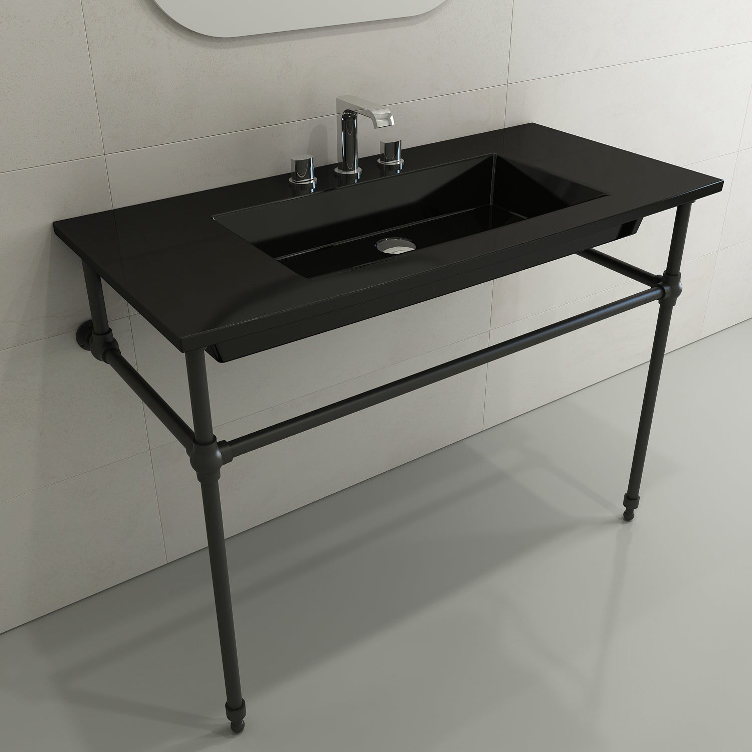 BOCCHI Ravenna 41" Rectangle Wallmount Fireclay Bathroom Sink, Black, 3 Faucet Hole, 1105-005-0127