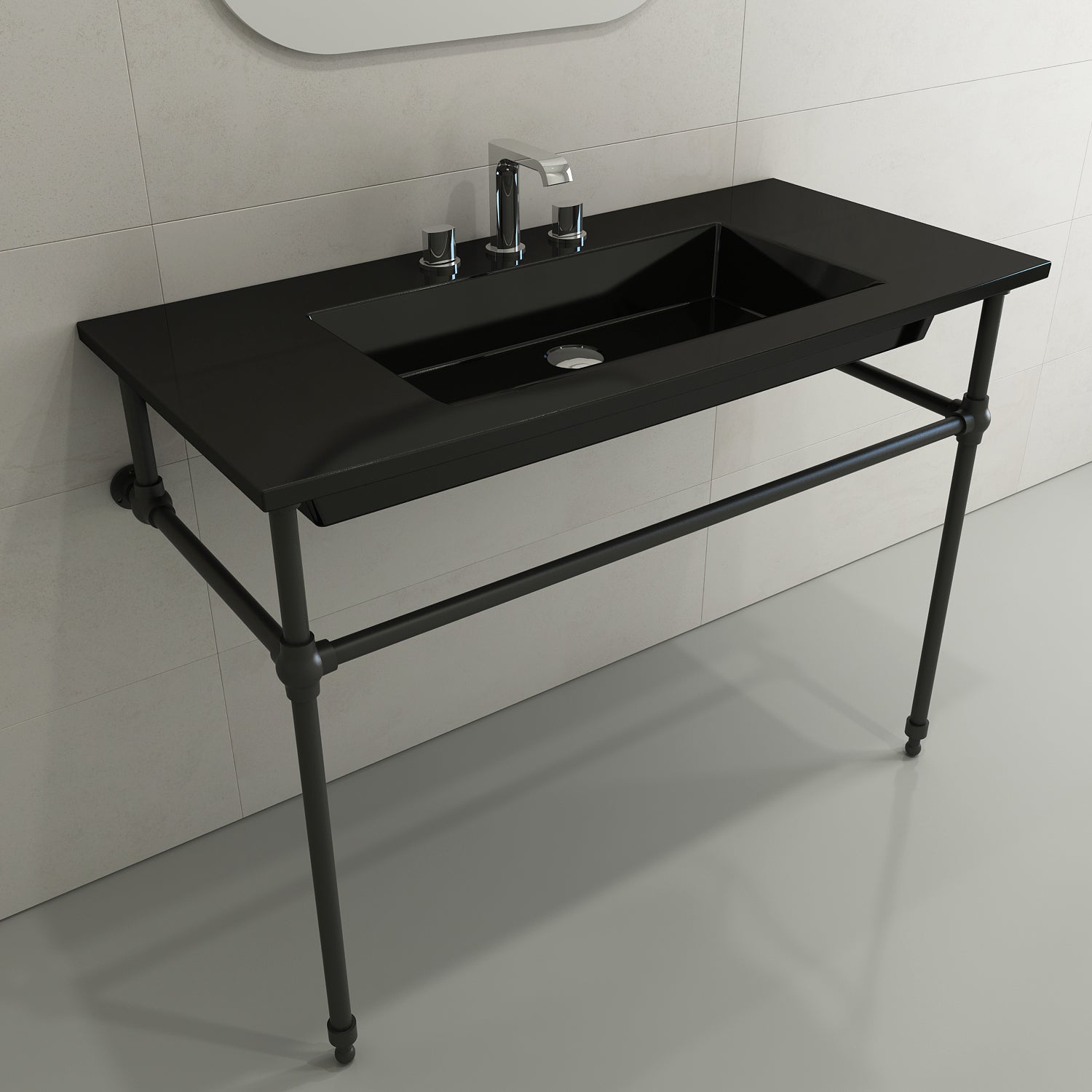 BOCCHI Ravenna 41" Rectangle Wallmount Fireclay Bathroom Sink, Black, 3 Faucet Hole, 1105-005-0127