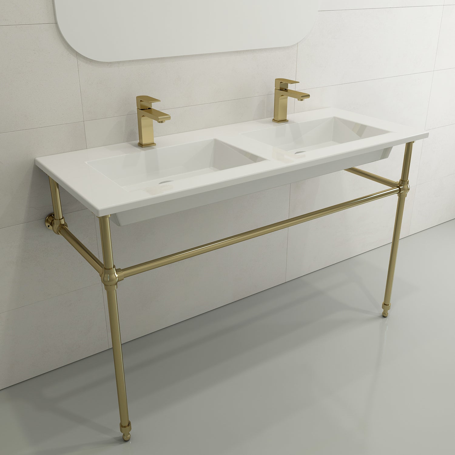 BOCCHI Ravenna 48" Rectangle Wallmount Fireclay Bathroom Sink, Double Basin, White, Single Faucet Hole, 1111-001-0132