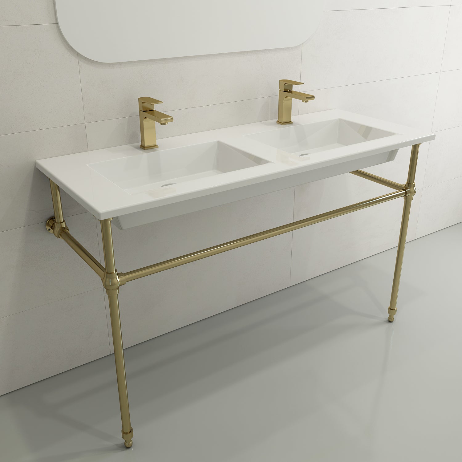 BOCCHI Ravenna 48" Rectangle Wallmount Fireclay Bathroom Sink, Double Basin, White, Single Faucet Hole, 1111-001-0132