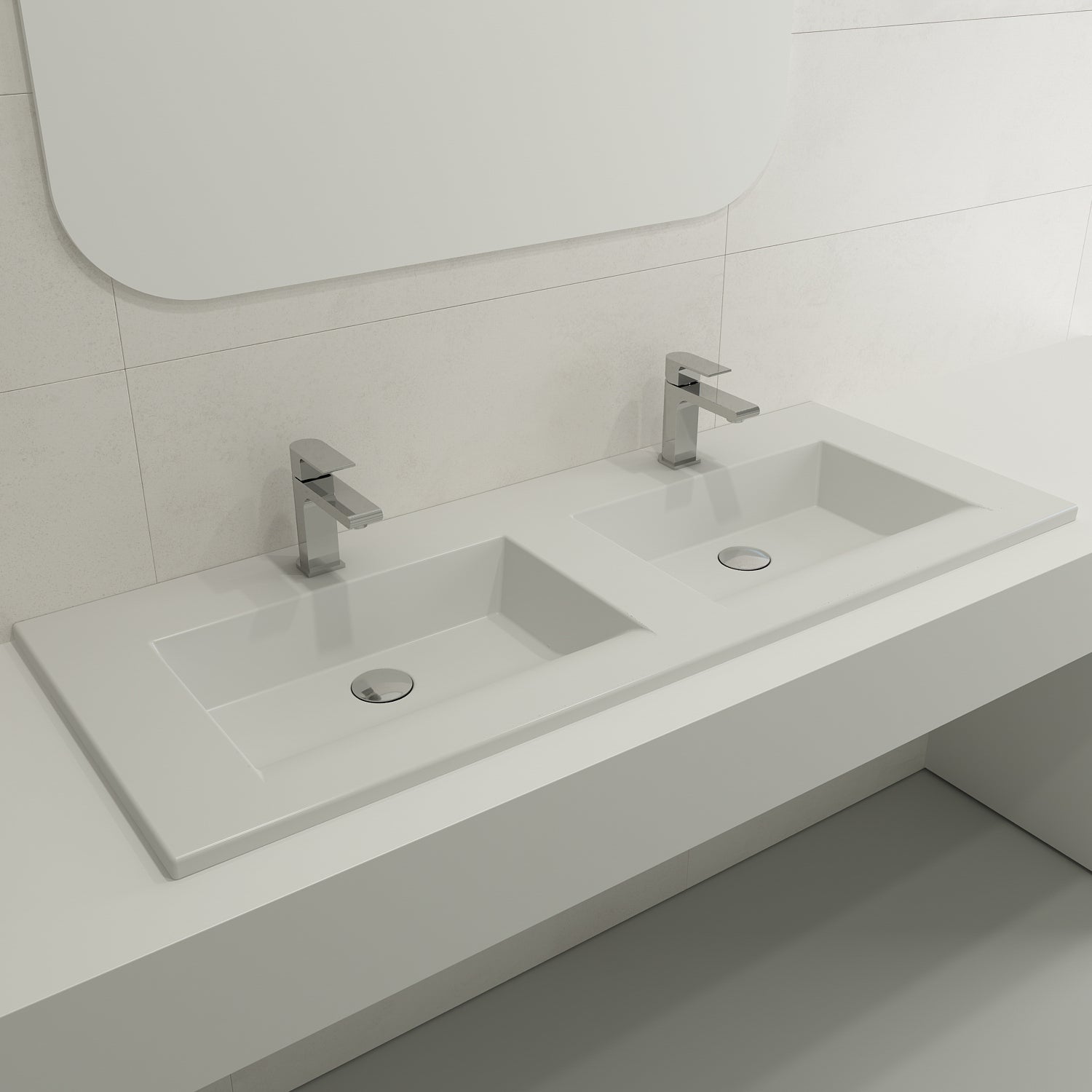BOCCHI Ravenna 48" Rectangle Wallmount Fireclay Bathroom Sink, Double Basin, Matte White, Single Faucet Hole, 1111-002-0132