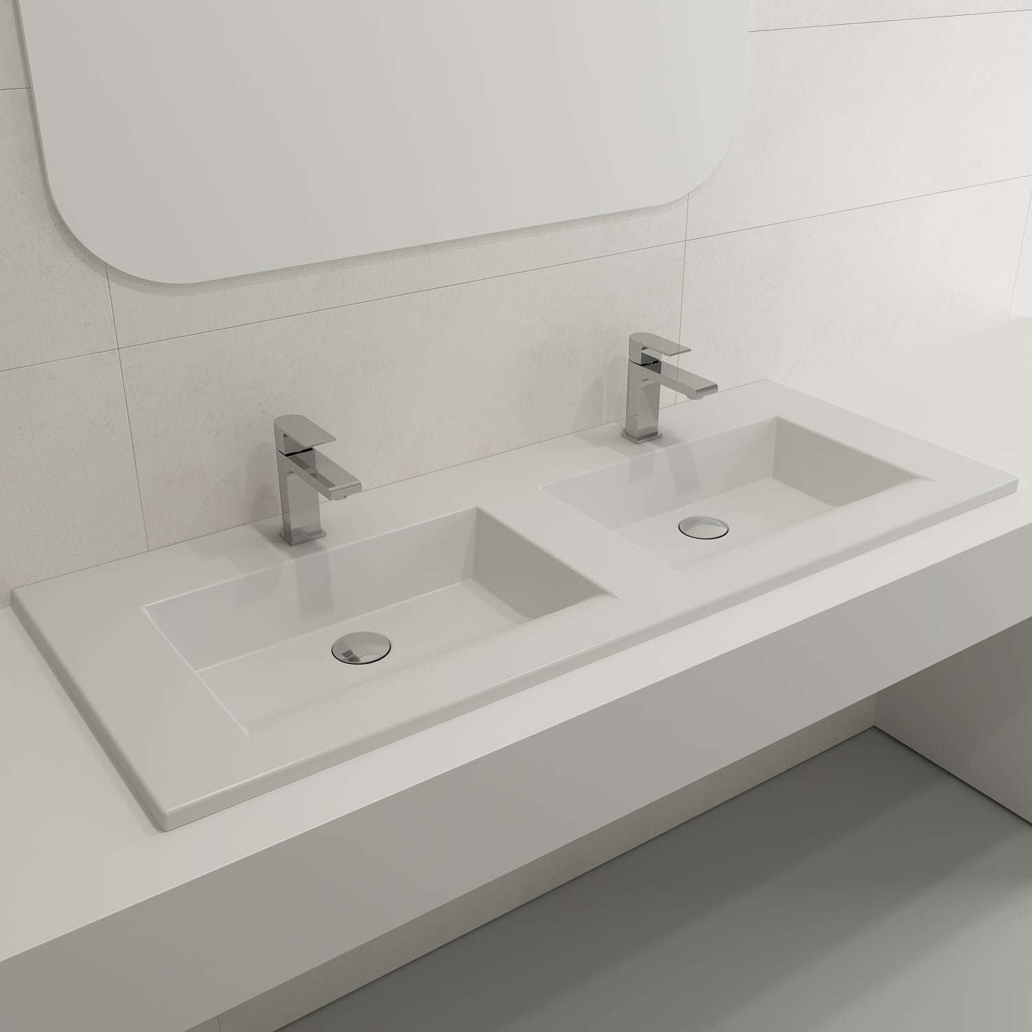 BOCCHI Ravenna 48" Rectangle Wallmount Fireclay Bathroom Sink, Double Basin, Matte White, Single Faucet Hole, 1111-002-0132