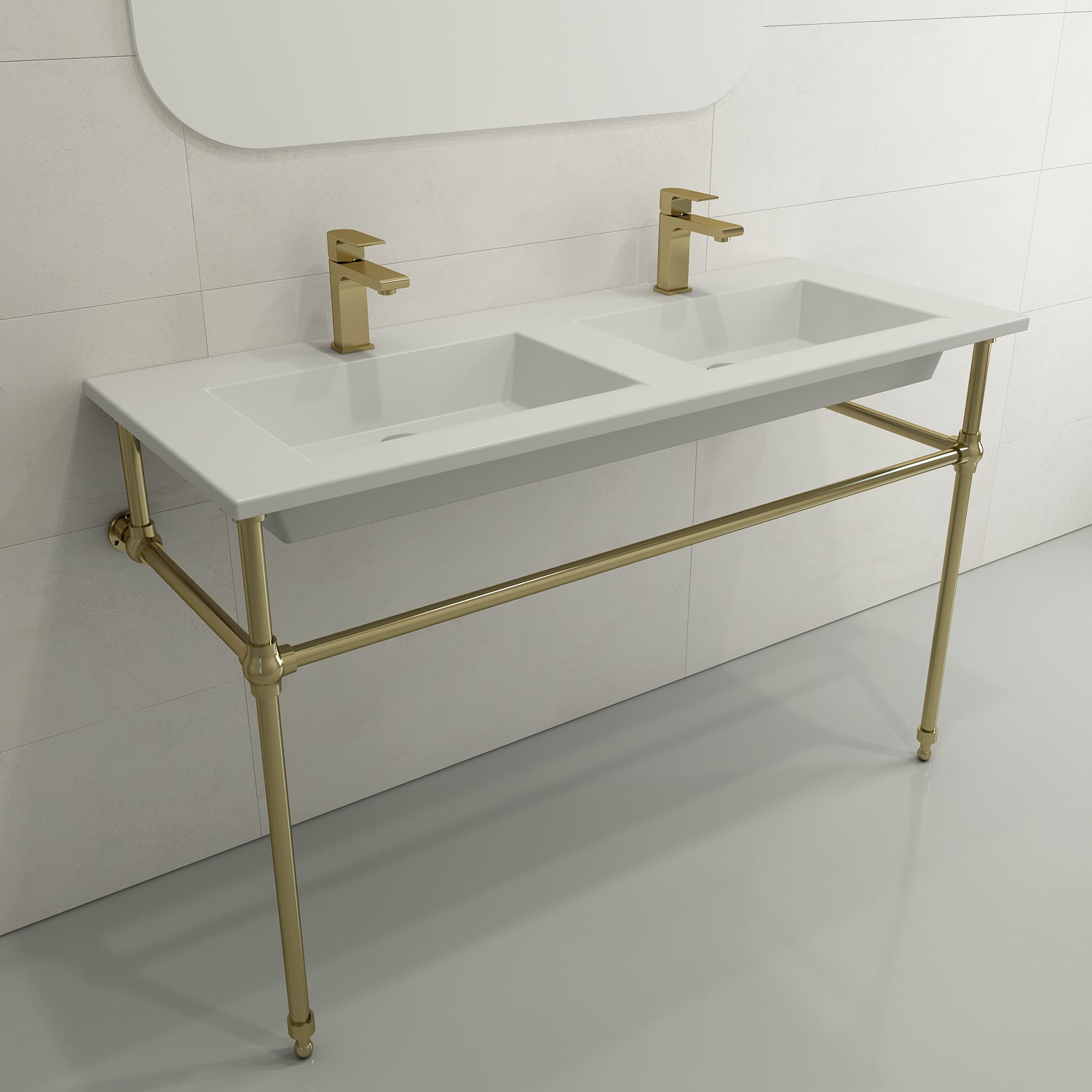 BOCCHI Ravenna 48" Rectangle Wallmount Fireclay Bathroom Sink, Double Basin, Matte White, Single Faucet Hole, 1111-002-0132