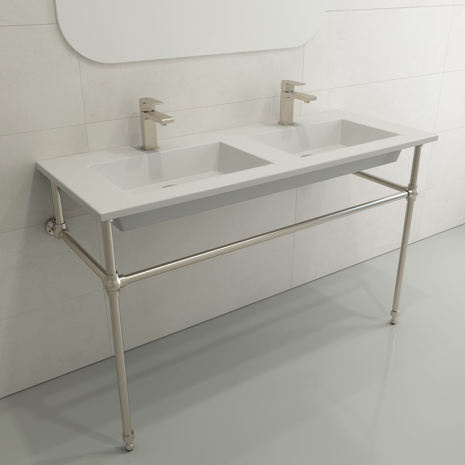 BOCCHI Ravenna 48" Rectangle Wallmount Fireclay Bathroom Sink, Double Basin, Matte White, Single Faucet Hole, 1111-002-0132