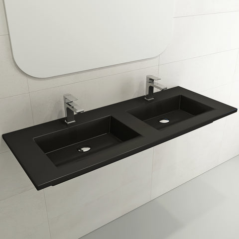 BOCCHI Ravenna 48" Rectangle Wallmount Fireclay Bathroom Sink, Double Basin, Matte Black, Single Faucet Hole, 1111-004-0132