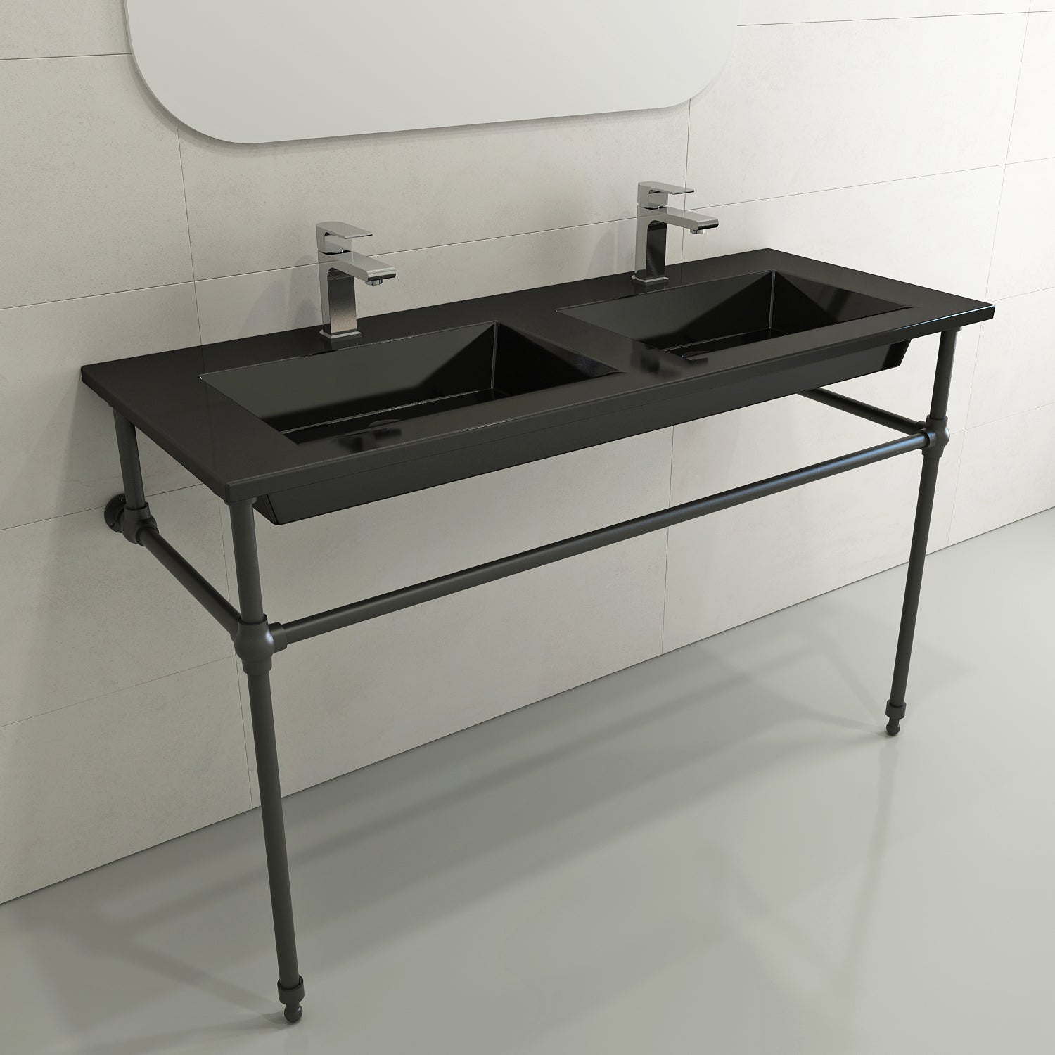 BOCCHI Ravenna 48" Rectangle Wallmount Fireclay Bathroom Sink, Double Basin, Black, Single Faucet Hole, 1111-005-0132