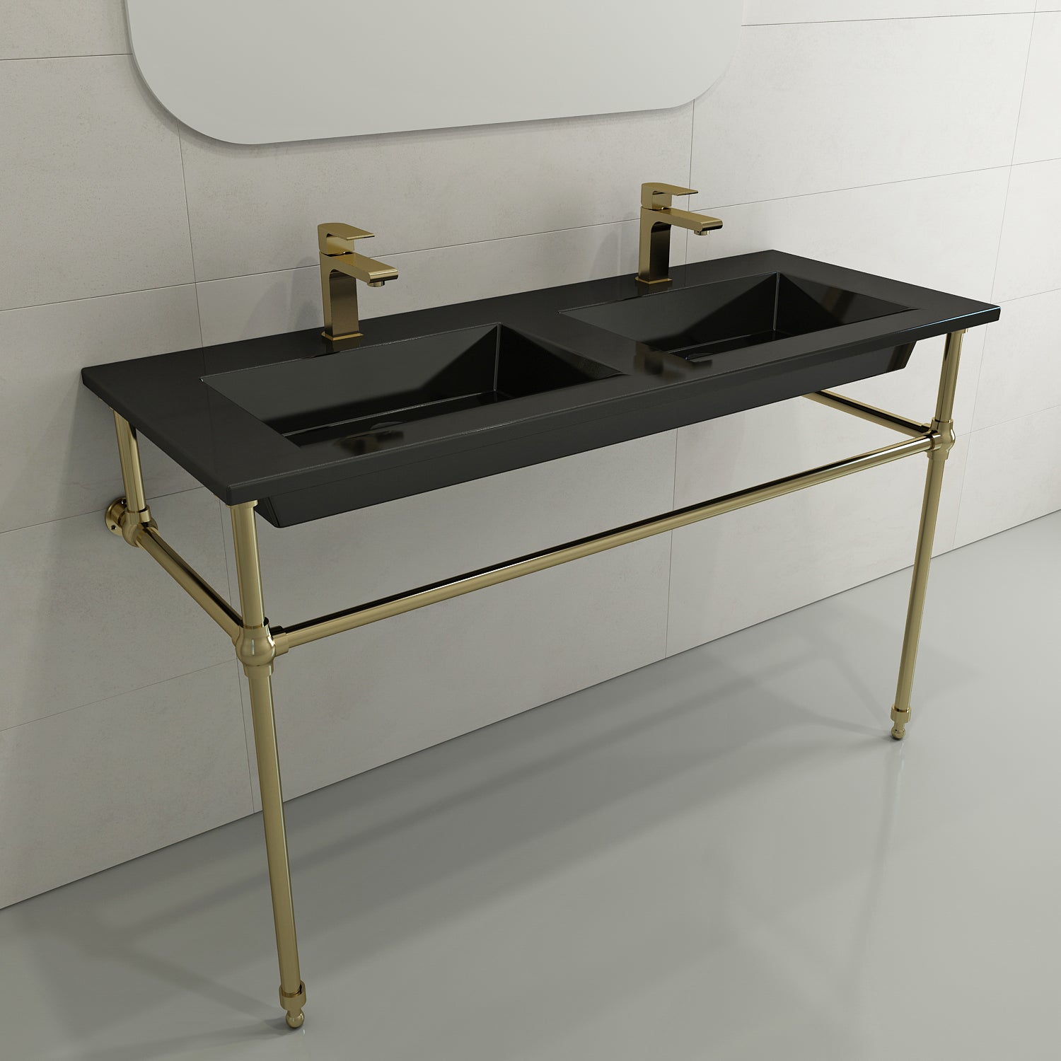 BOCCHI Ravenna 48" Rectangle Wallmount Fireclay Bathroom Sink, Double Basin, Black, Single Faucet Hole, 1111-005-0132