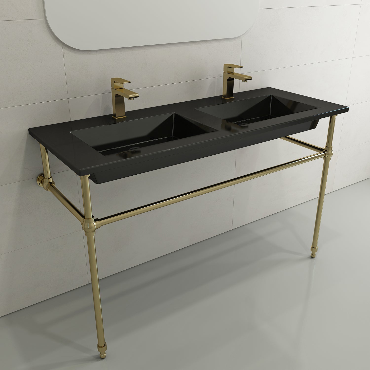 BOCCHI Ravenna 48" Rectangle Wallmount Fireclay Bathroom Sink, Double Basin, Black, Single Faucet Hole, 1111-005-0132
