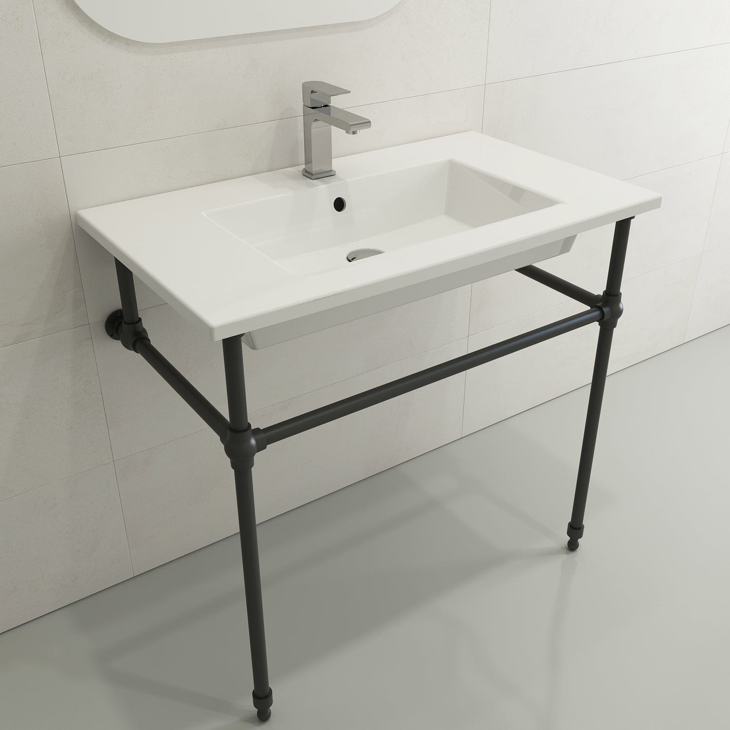 BOCCHI Ravenna 32" Rectangle Wallmount Fireclay Bathroom Sink, White, Single Faucet Hole, 1113-001-0126