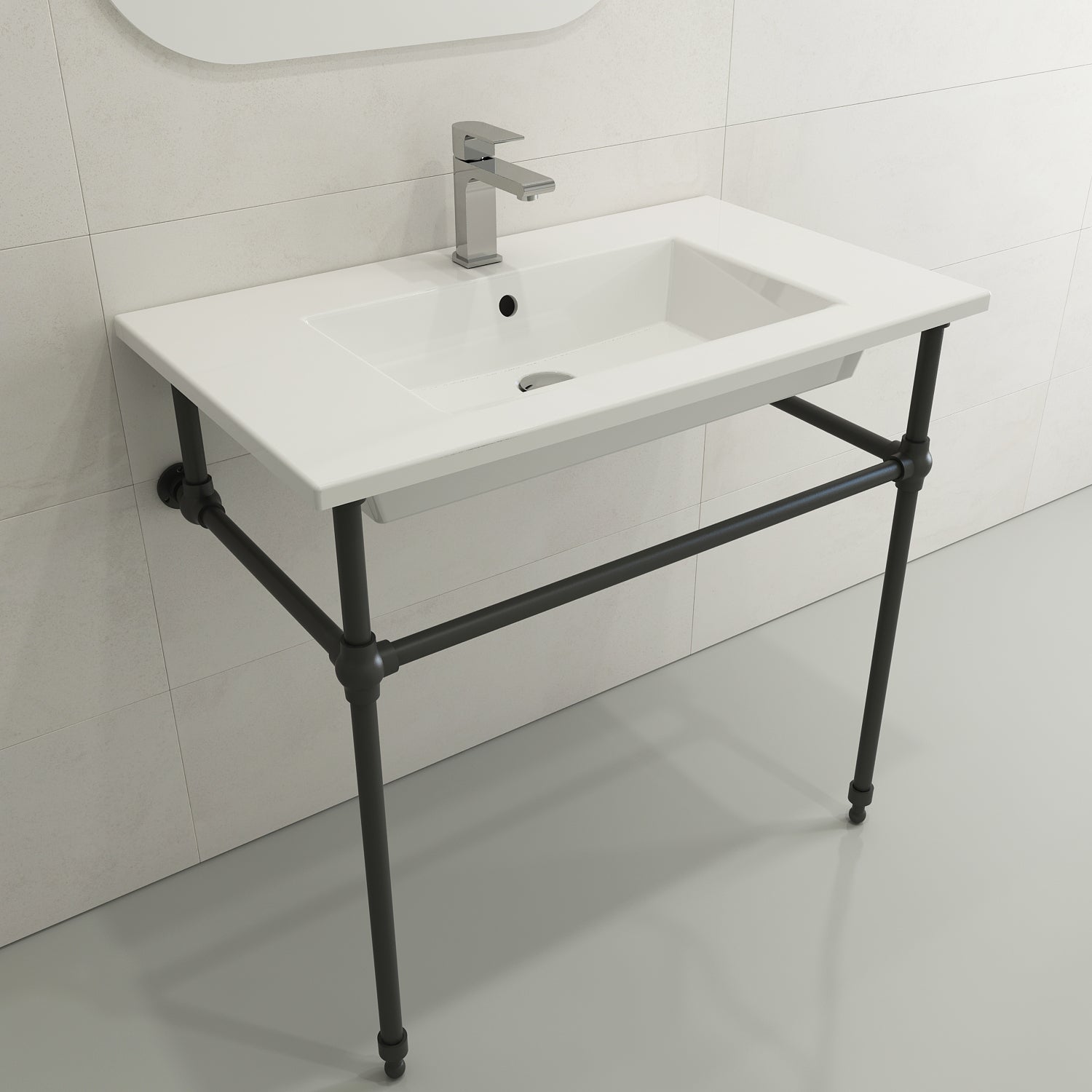BOCCHI Ravenna 32" Rectangle Wallmount Fireclay Bathroom Sink, White, Single Faucet Hole, 1113-001-0126