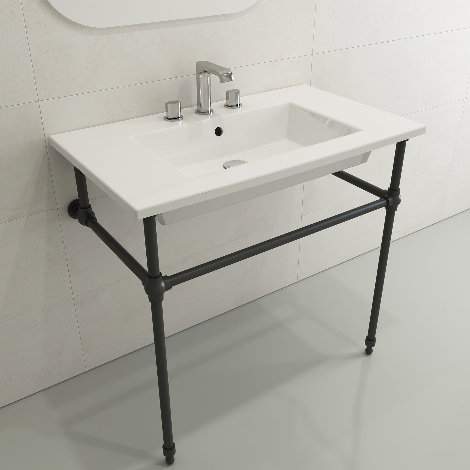 BOCCHI Ravenna 32" Rectangle Wallmount Fireclay Bathroom Sink, White, 3 Faucet Hole, 1113-001-0127