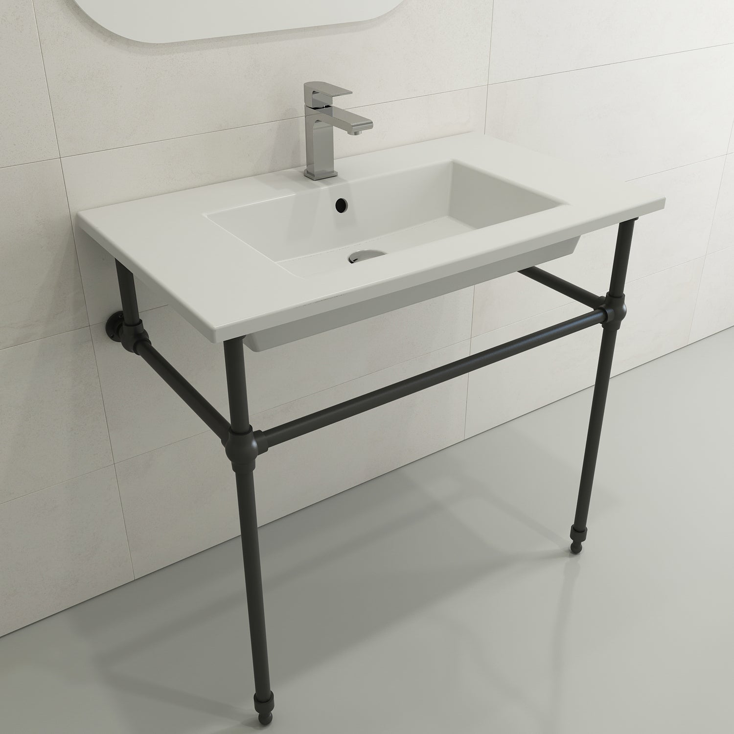 BOCCHI Ravenna 32" Rectangle Wallmount Fireclay Bathroom Sink, Matte White, Single Faucet Hole, 1113-002-0126