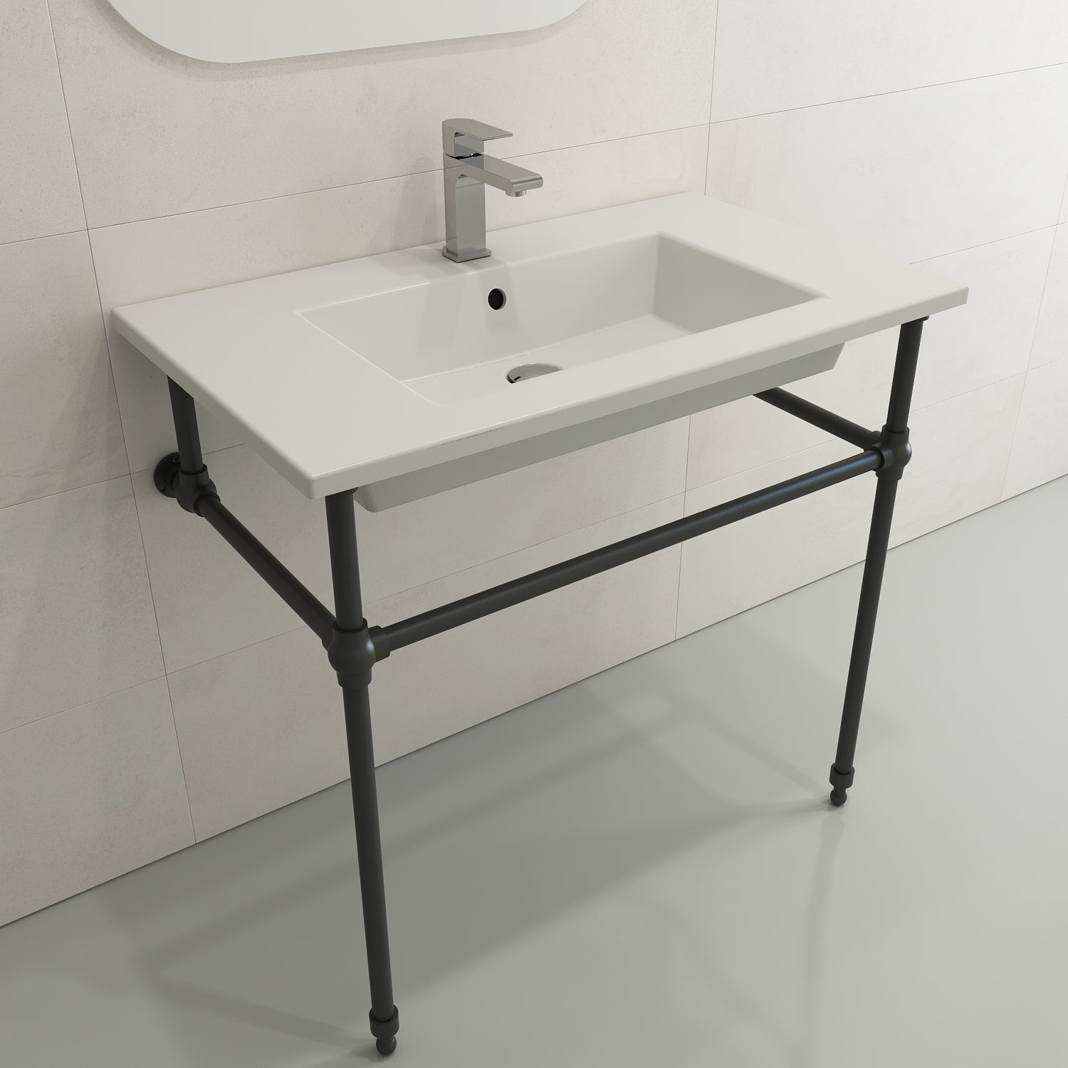 BOCCHI Ravenna 32" Rectangle Wallmount Fireclay Bathroom Sink, Matte White, Single Faucet Hole, 1113-002-0126