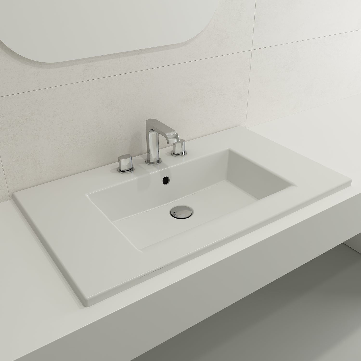 BOCCHI Ravenna 32" Rectangle Wallmount Fireclay Bathroom Sink, Matte White, 3 Faucet Hole, 1113-002-0127