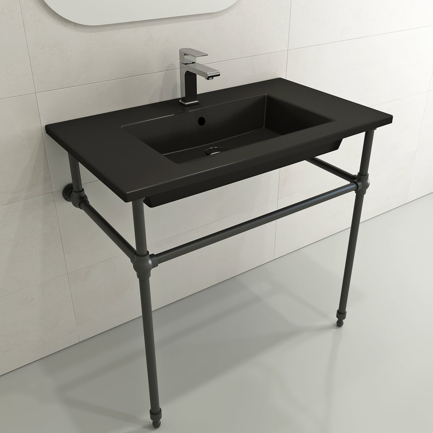 BOCCHI Ravenna 32" Rectangle Wallmount Fireclay Bathroom Sink, Matte Black, Single Faucet Hole, 1113-004-0126