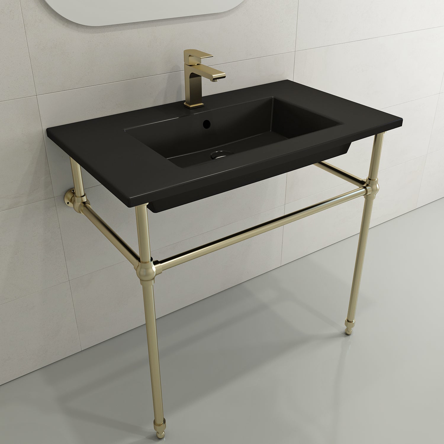 BOCCHI Ravenna 32" Rectangle Wallmount Fireclay Bathroom Sink, Matte Black, Single Faucet Hole, 1113-004-0126