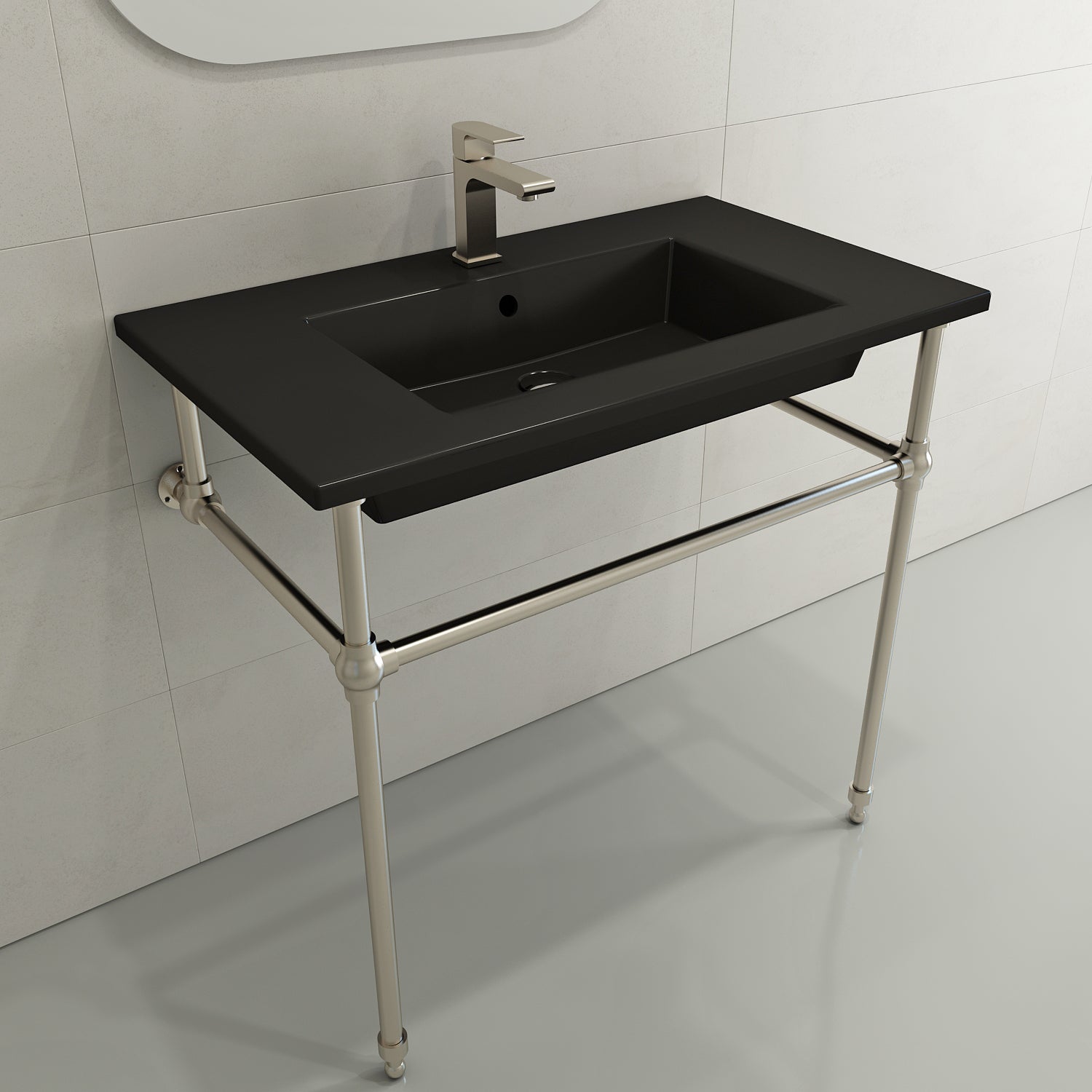 BOCCHI Ravenna 32" Rectangle Wallmount Fireclay Bathroom Sink, Matte Black, Single Faucet Hole, 1113-004-0126