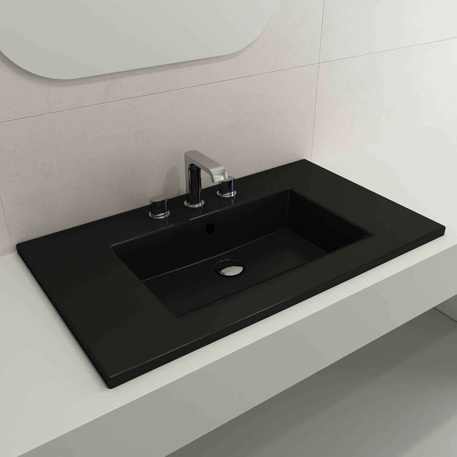 BOCCHI Ravenna 32" Rectangle Wallmount Fireclay Bathroom Sink, Matte Black, 3 Faucet Hole, 1113-004-0127