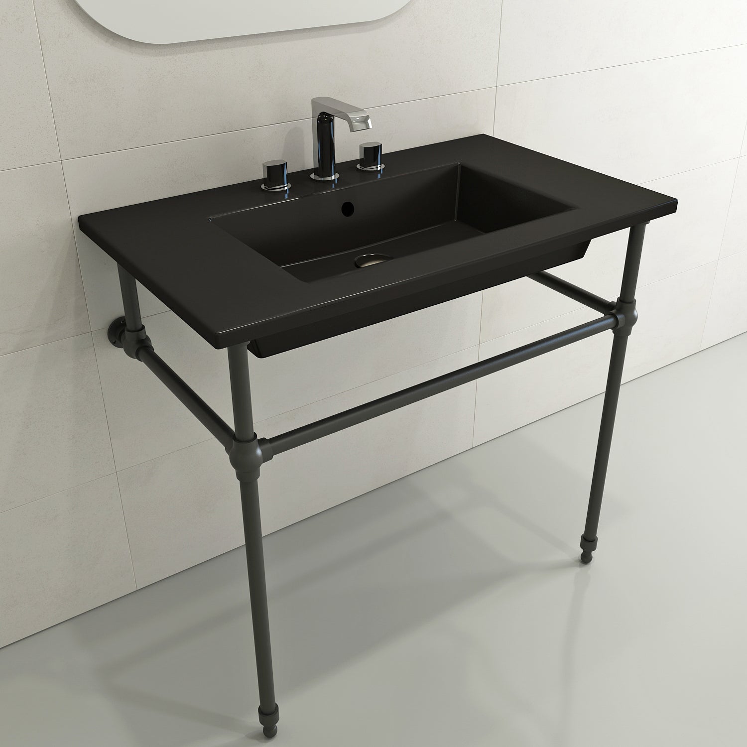 BOCCHI Ravenna 32" Rectangle Wallmount Fireclay Bathroom Sink, Matte Black, 3 Faucet Hole, 1113-004-0127