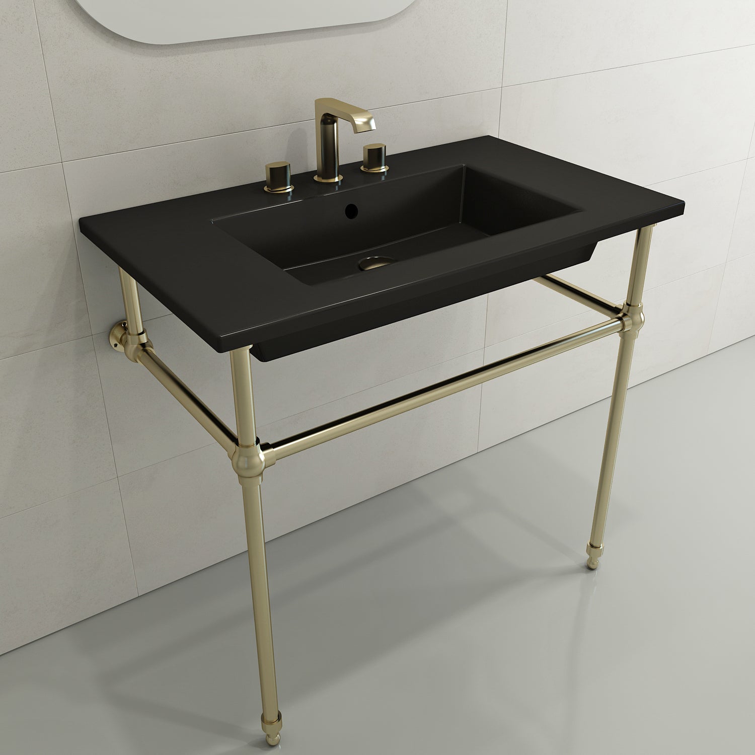 BOCCHI Ravenna 32" Rectangle Wallmount Fireclay Bathroom Sink, Matte Black, 3 Faucet Hole, 1113-004-0127