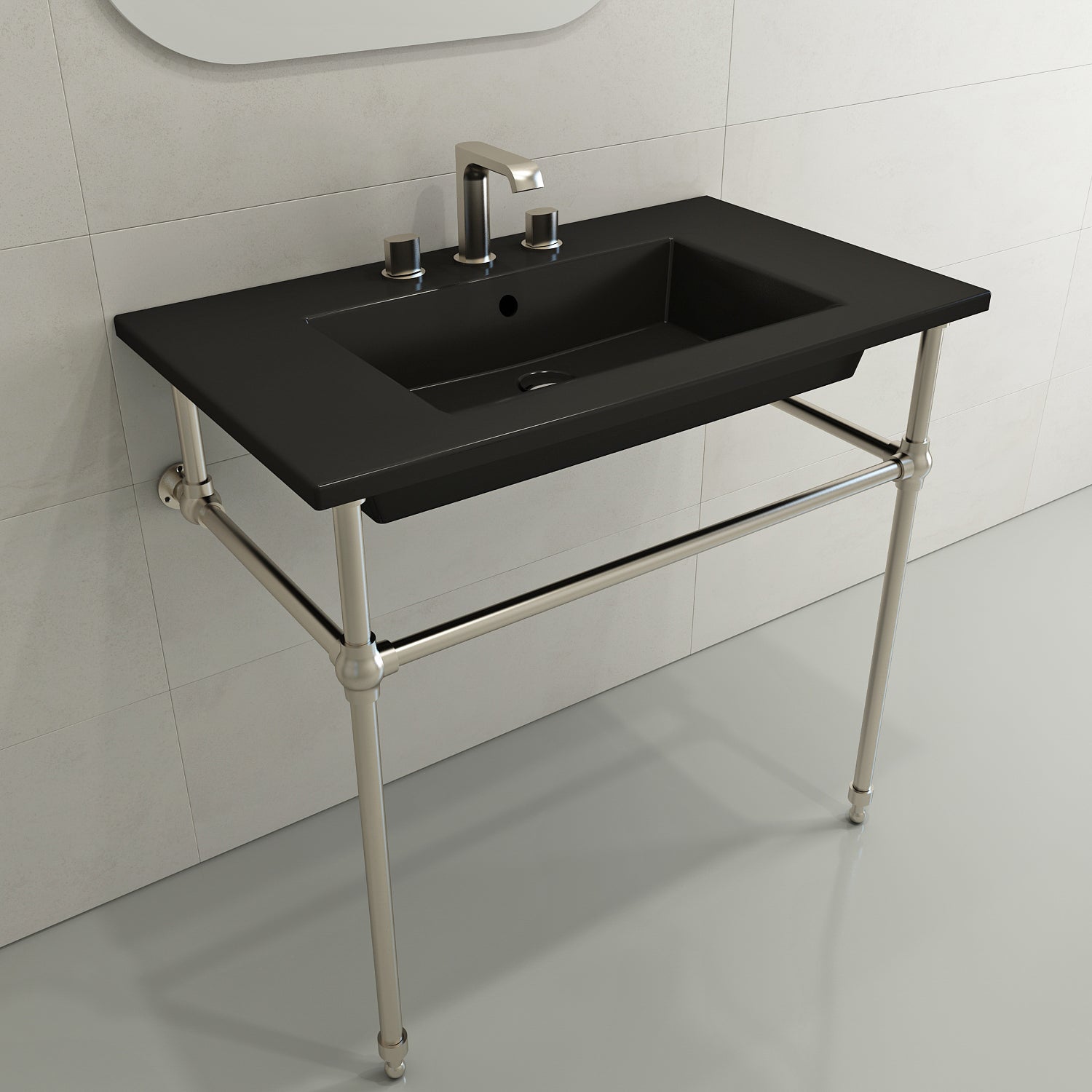 BOCCHI Ravenna 32" Rectangle Wallmount Fireclay Bathroom Sink, Matte Black, 3 Faucet Hole, 1113-004-0127