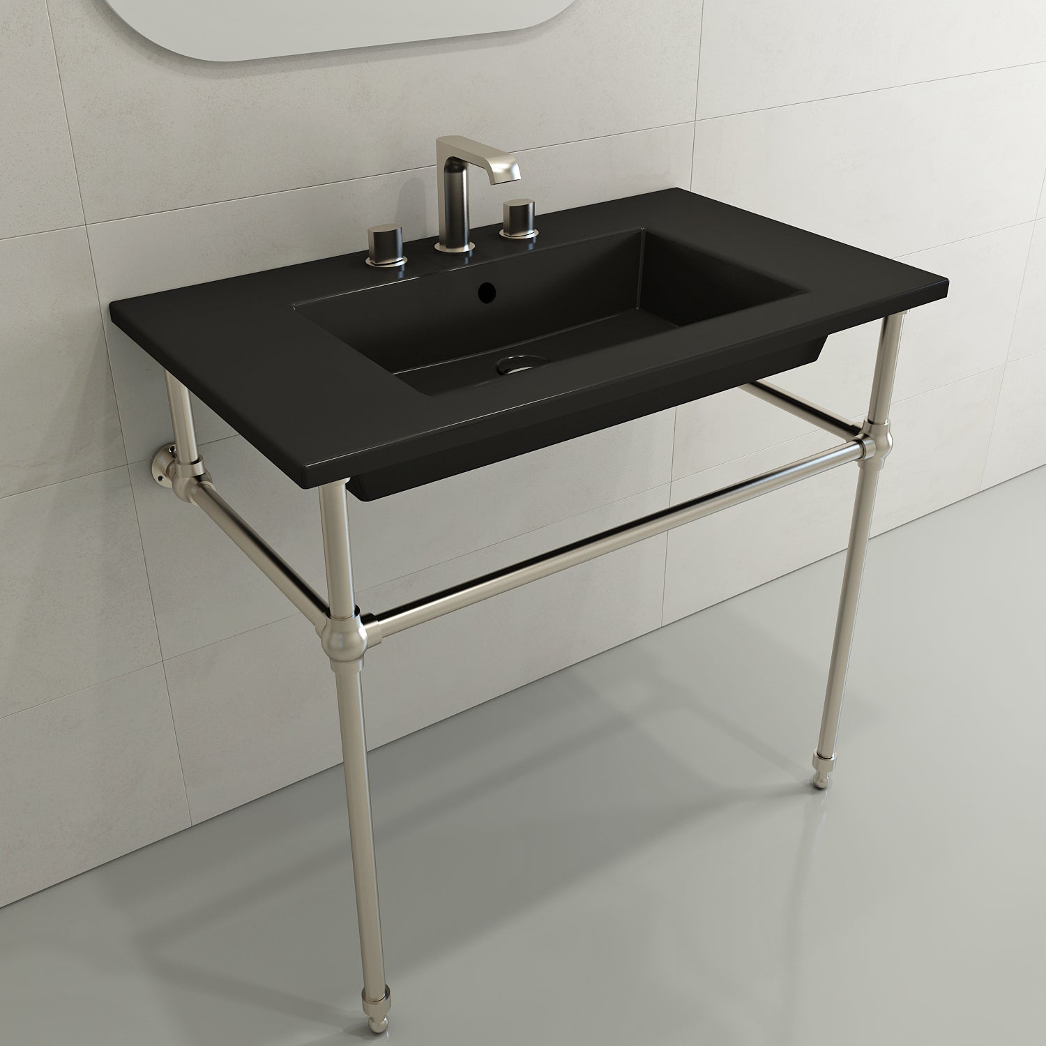 BOCCHI Ravenna 32" Rectangle Wallmount Fireclay Bathroom Sink, Matte Black, 3 Faucet Hole, 1113-004-0127