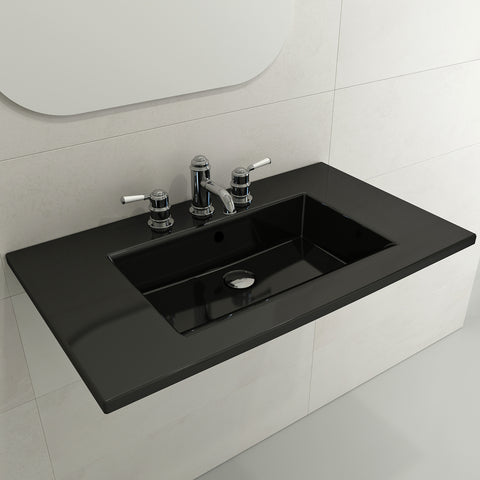 BOCCHI Ravenna 32" Rectangle Wallmount Fireclay Bathroom Sink, Black, Single Faucet Hole, 1113-005-0126
