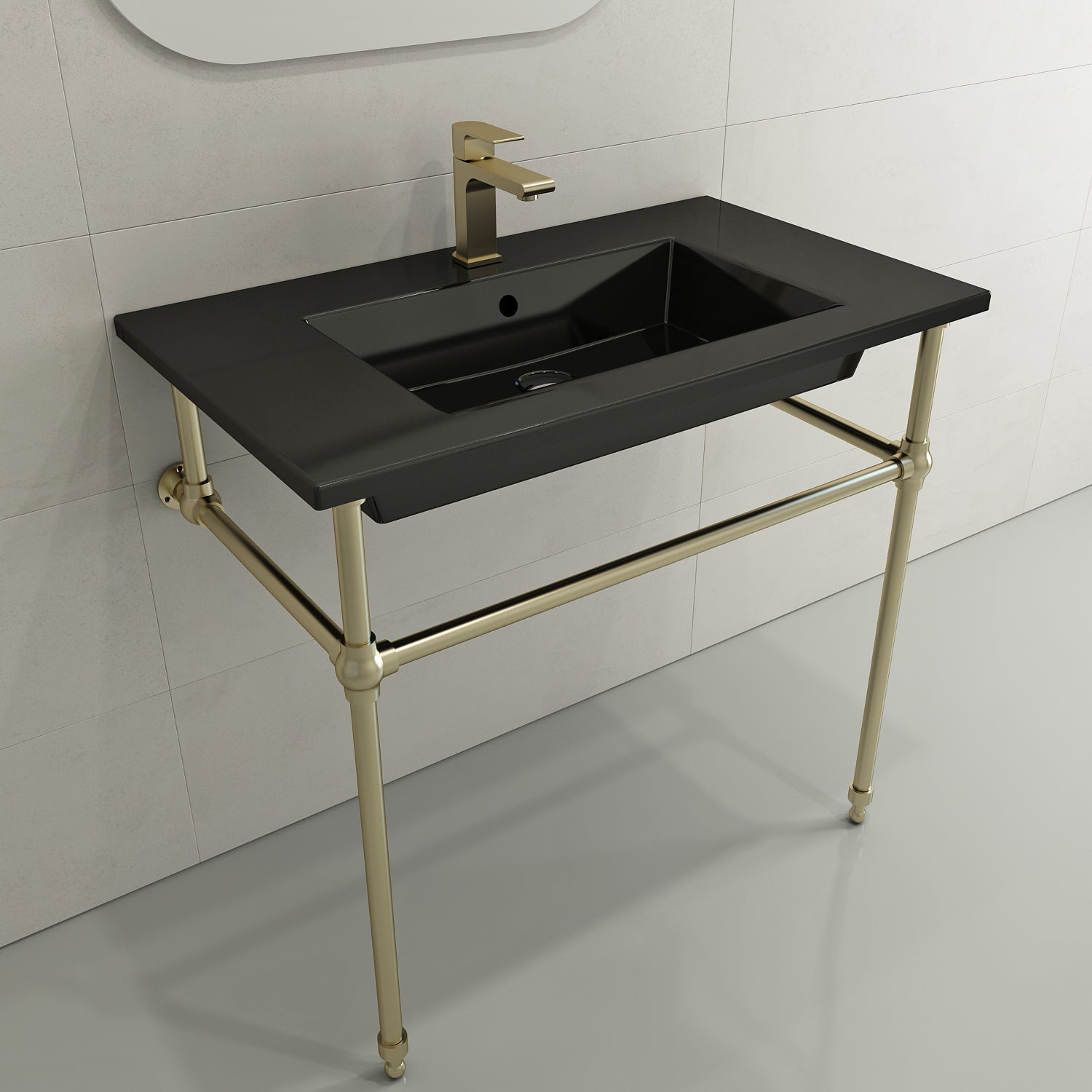 BOCCHI Ravenna 32" Rectangle Wallmount Fireclay Bathroom Sink, Black, Single Faucet Hole, 1113-005-0126