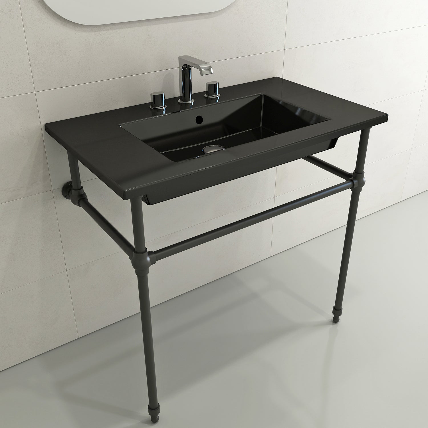 BOCCHI Ravenna 32" Rectangle Wallmount Fireclay Bathroom Sink, Black, 3 Faucet Hole, 1113-005-0127