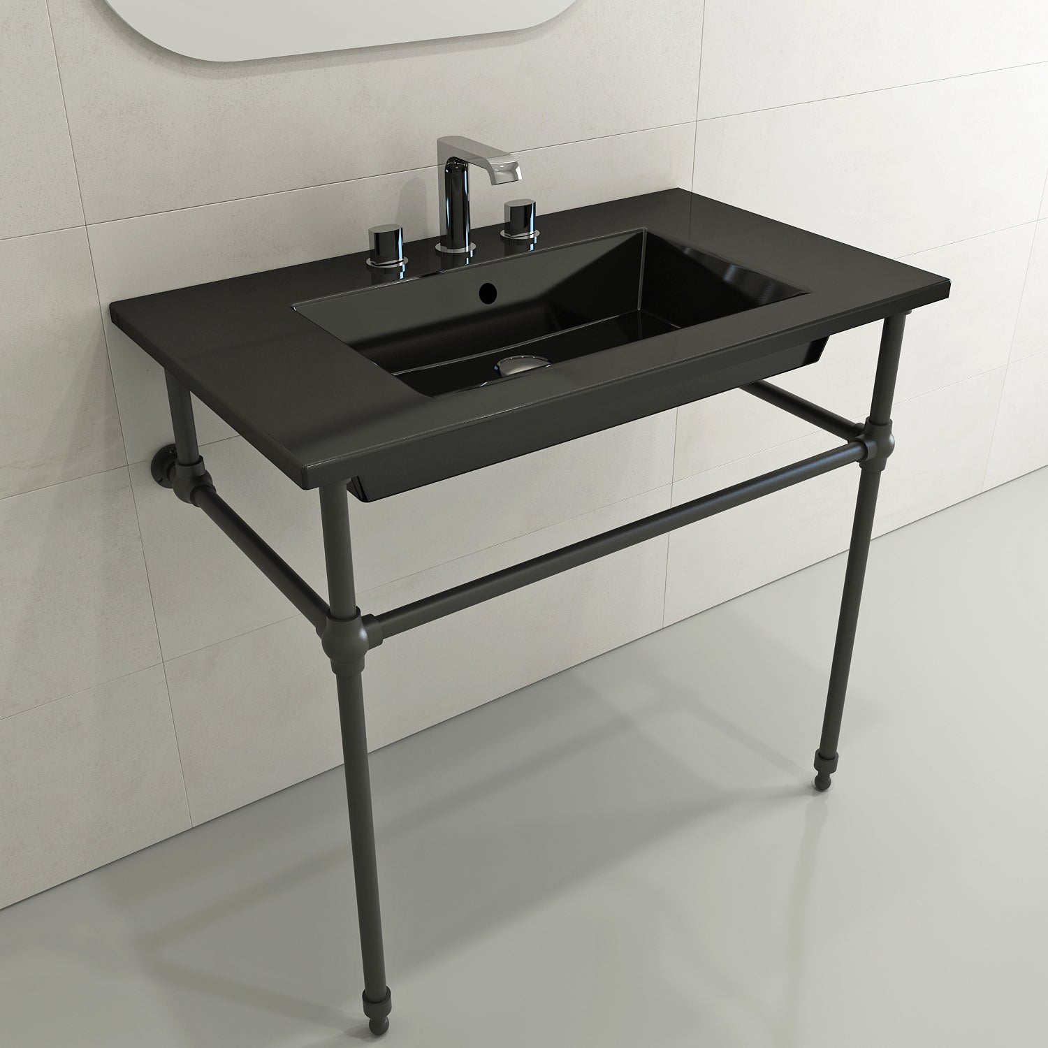 BOCCHI Ravenna 32" Rectangle Wallmount Fireclay Bathroom Sink, Black, 3 Faucet Hole, 1113-005-0127
