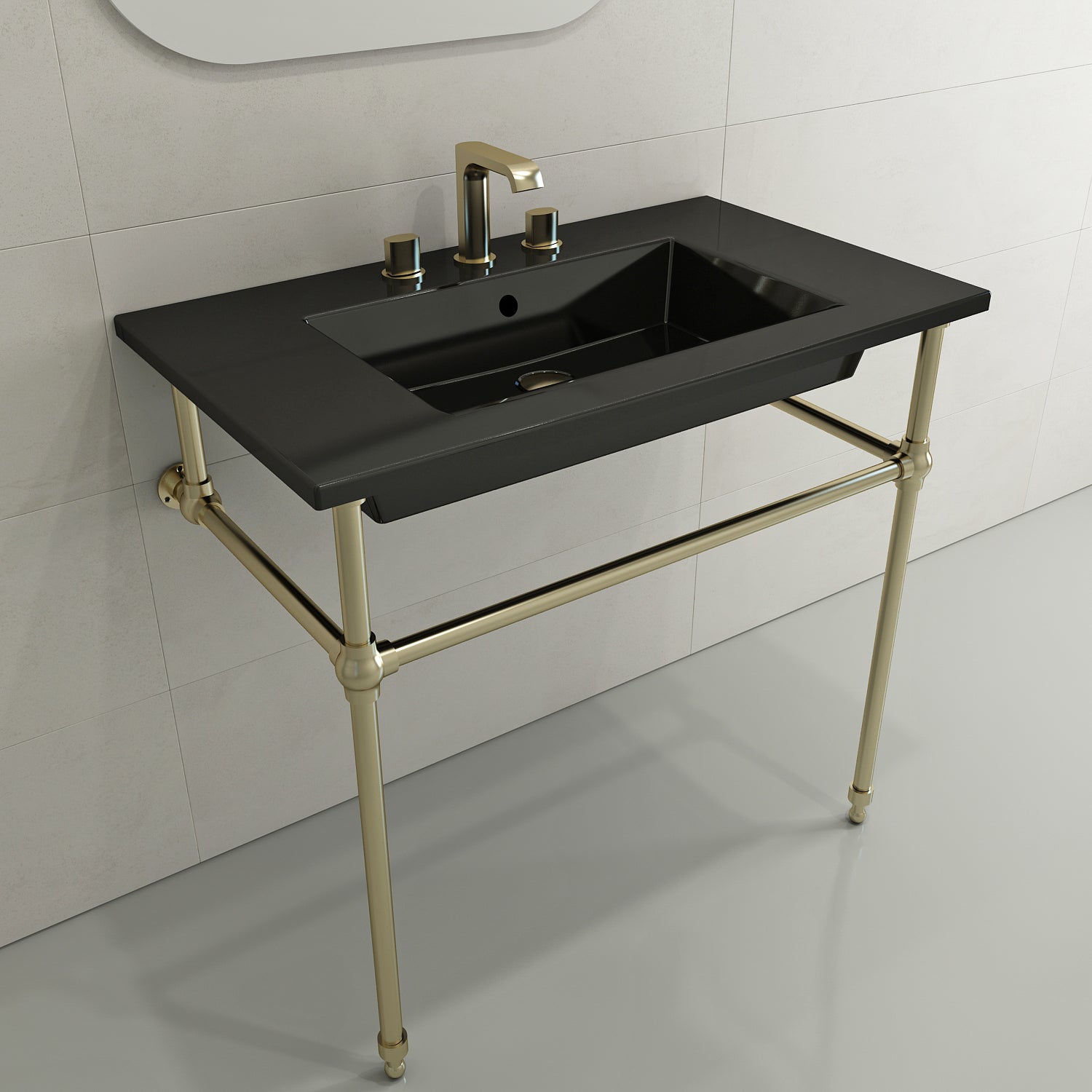 BOCCHI Ravenna 32" Rectangle Wallmount Fireclay Bathroom Sink, Black, 3 Faucet Hole, 1113-005-0127
