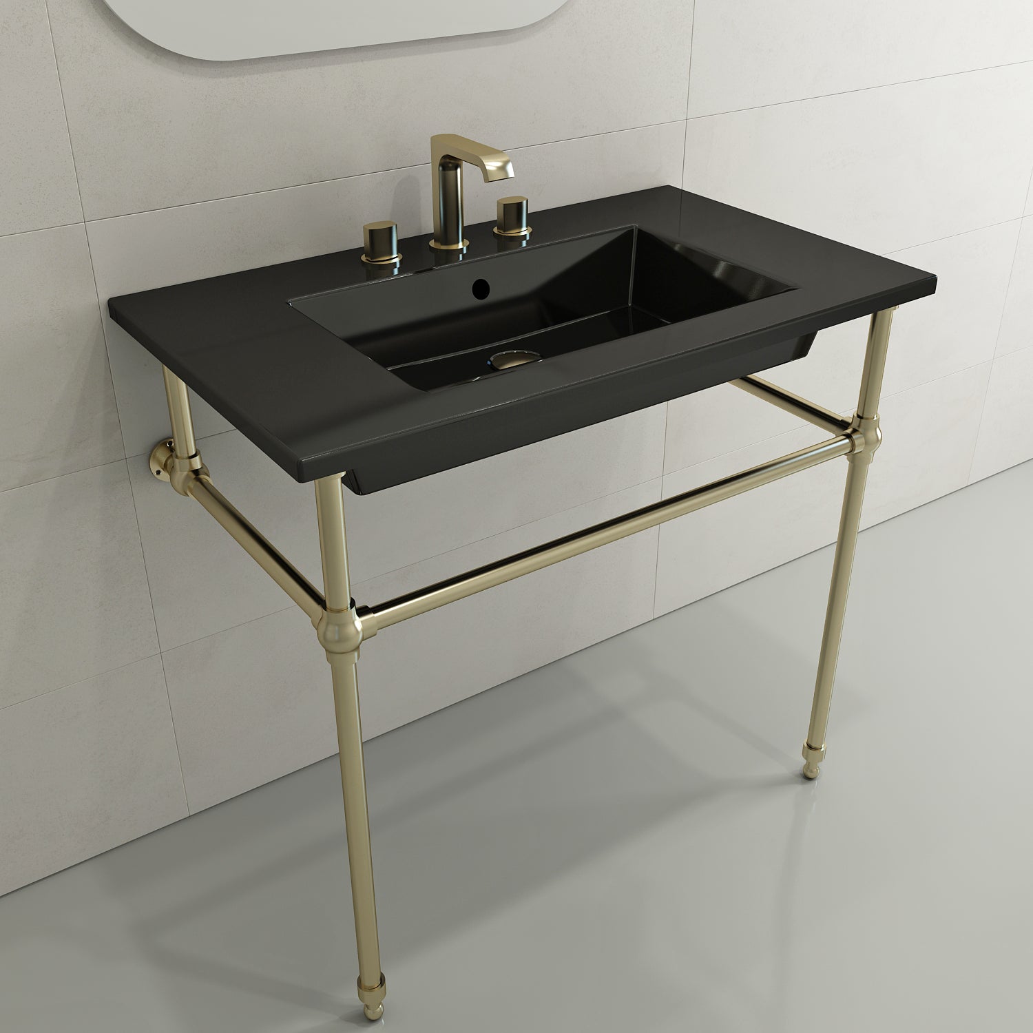 BOCCHI Ravenna 32" Rectangle Wallmount Fireclay Bathroom Sink, Black, 3 Faucet Hole, 1113-005-0127