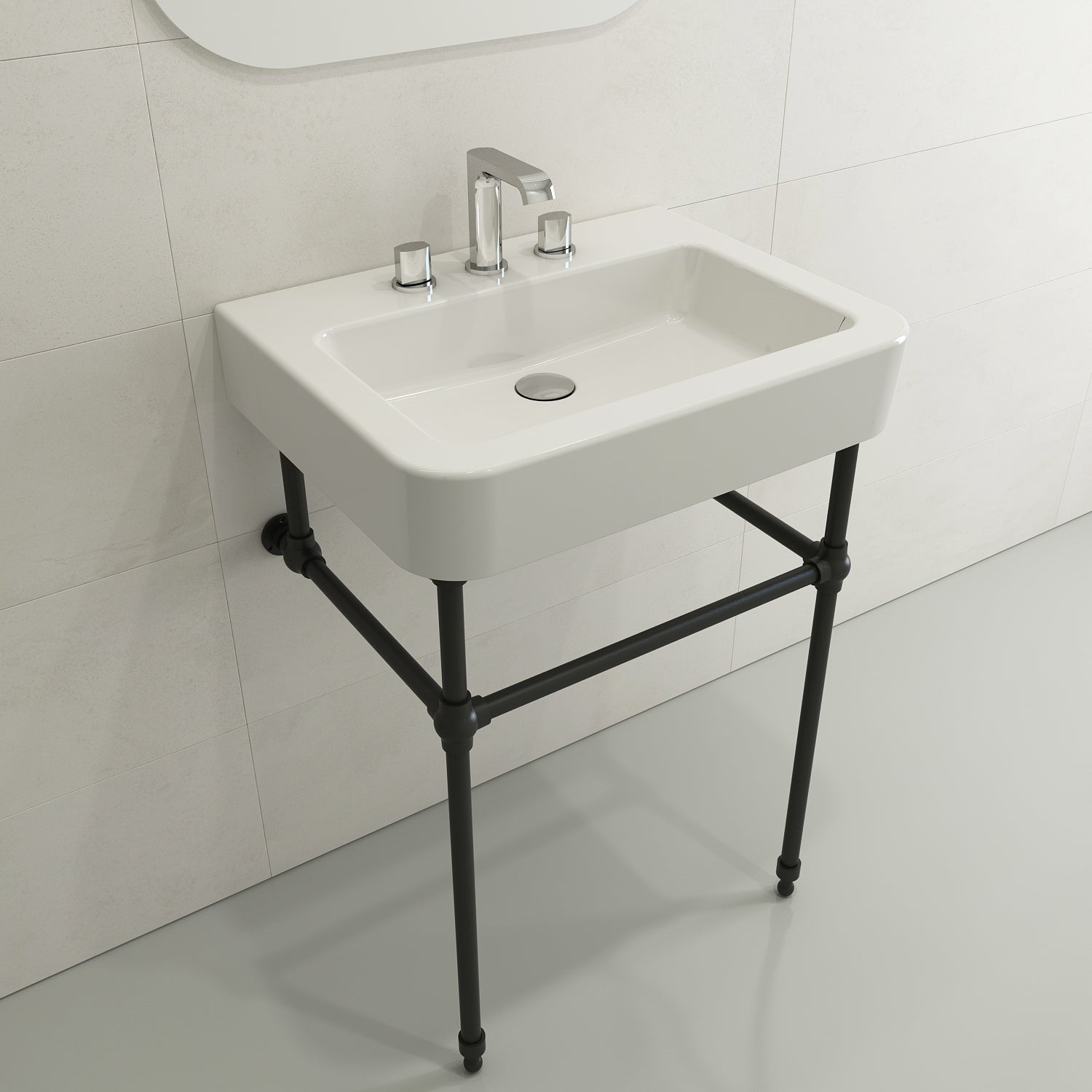 BOCCHI Parma 26" Rectangle Wallmount Fireclay Bathroom Sink, White, 3 Faucet Hole, 1123-001-0127
