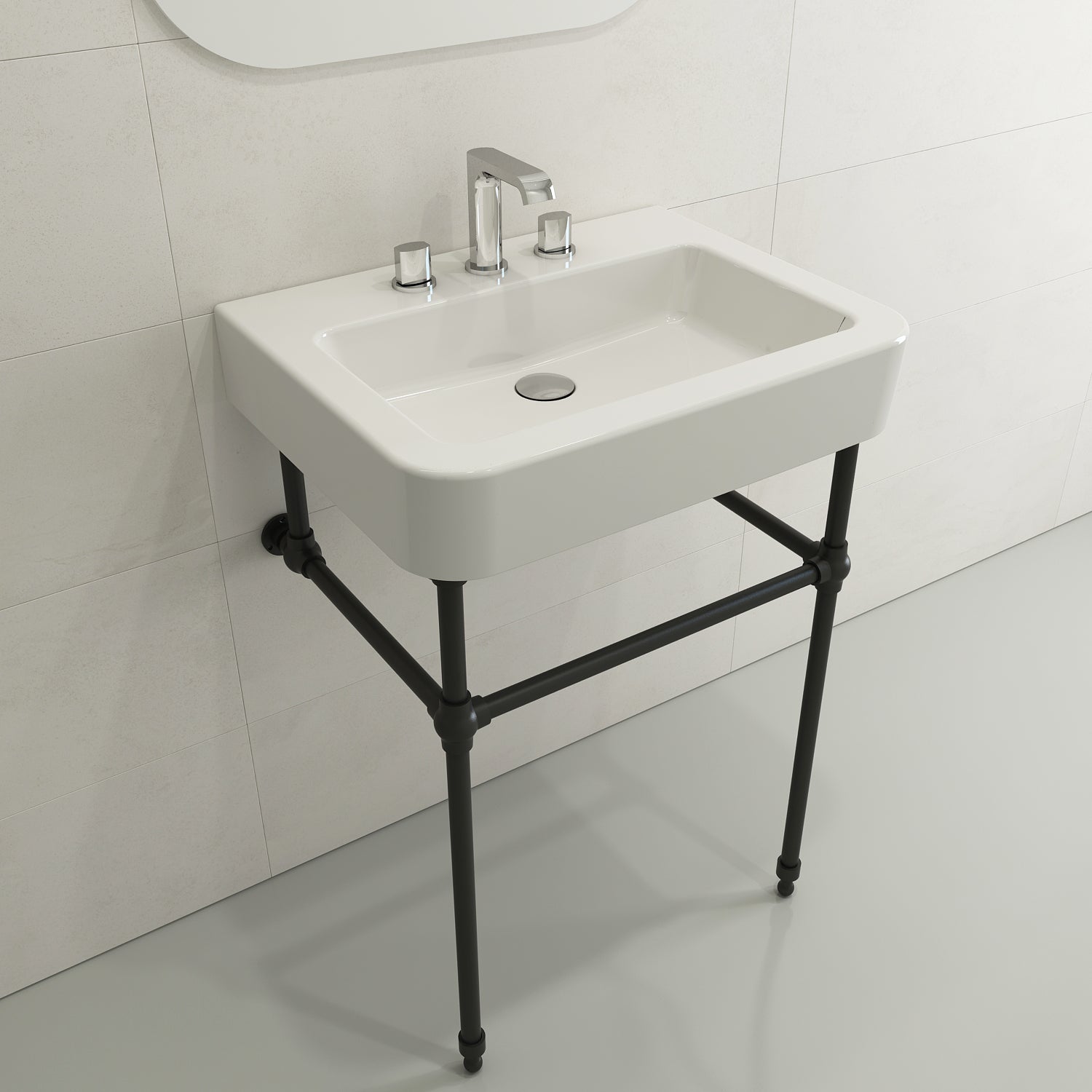 BOCCHI Parma 26" Rectangle Wallmount Fireclay Bathroom Sink, White, 3 Faucet Hole, 1123-001-0127