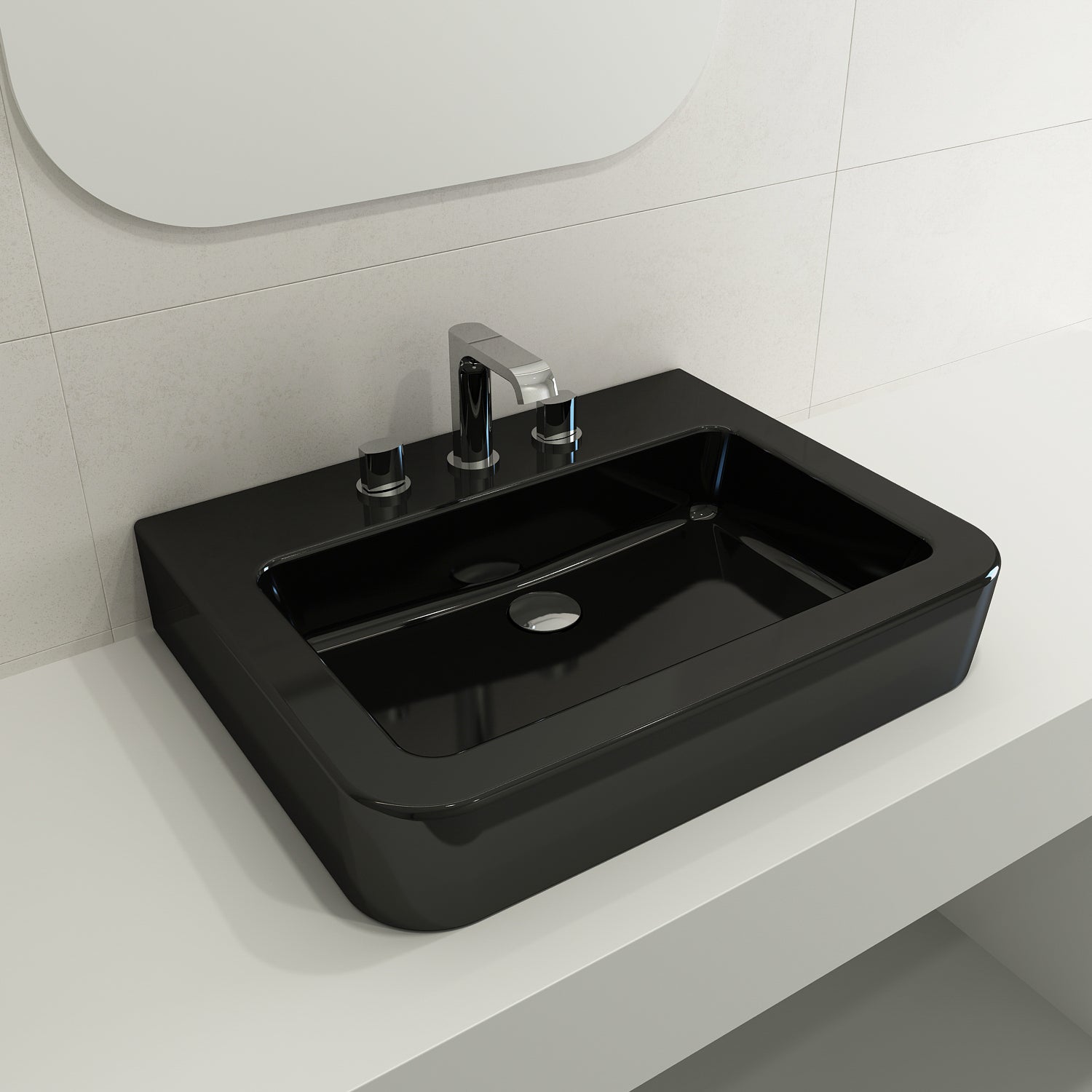 BOCCHI Parma 26" Rectangle Wallmount Fireclay Bathroom Sink, Black, 3 Faucet Hole, 1123-005-0127