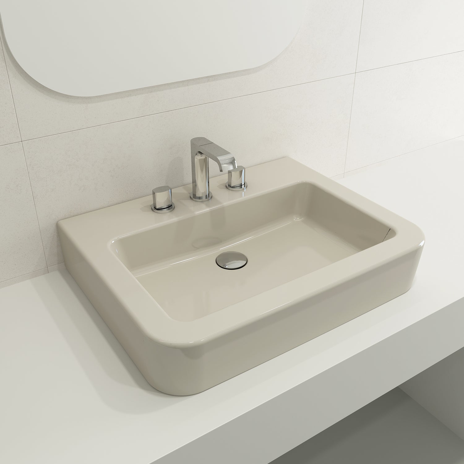 BOCCHI Parma 26" Rectangle Wallmount Fireclay Bathroom Sink, Biscuit, 3 Faucet Hole, 1123-014-0127