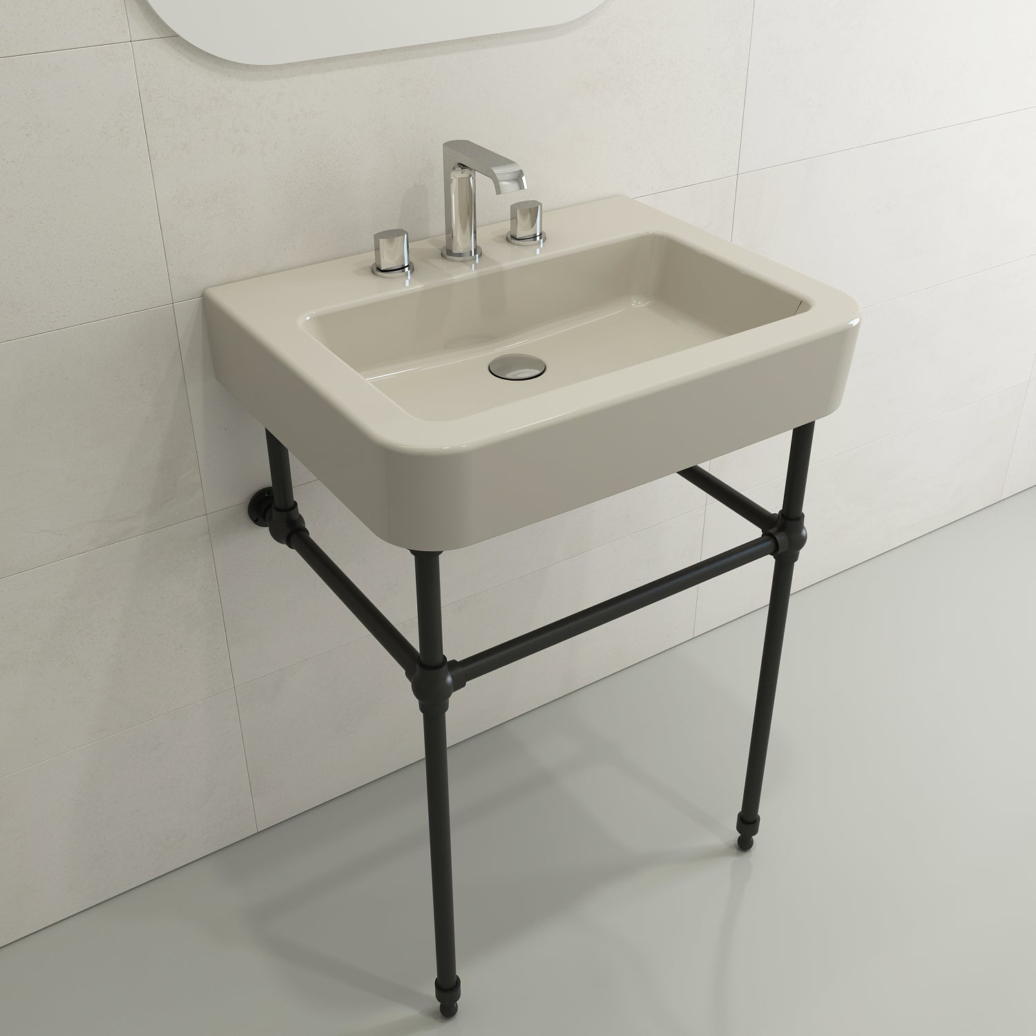BOCCHI Parma 26" Rectangle Wallmount Fireclay Bathroom Sink, Biscuit, 3 Faucet Hole, 1123-014-0127