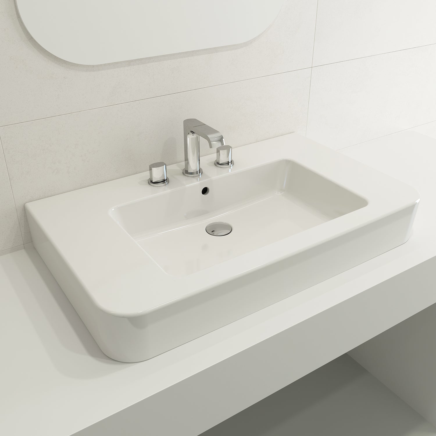 BOCCHI Parma 34" Rectangle Wallmount Fireclay Bathroom Sink, White, 3 Faucet Hole, 1124-001-0127