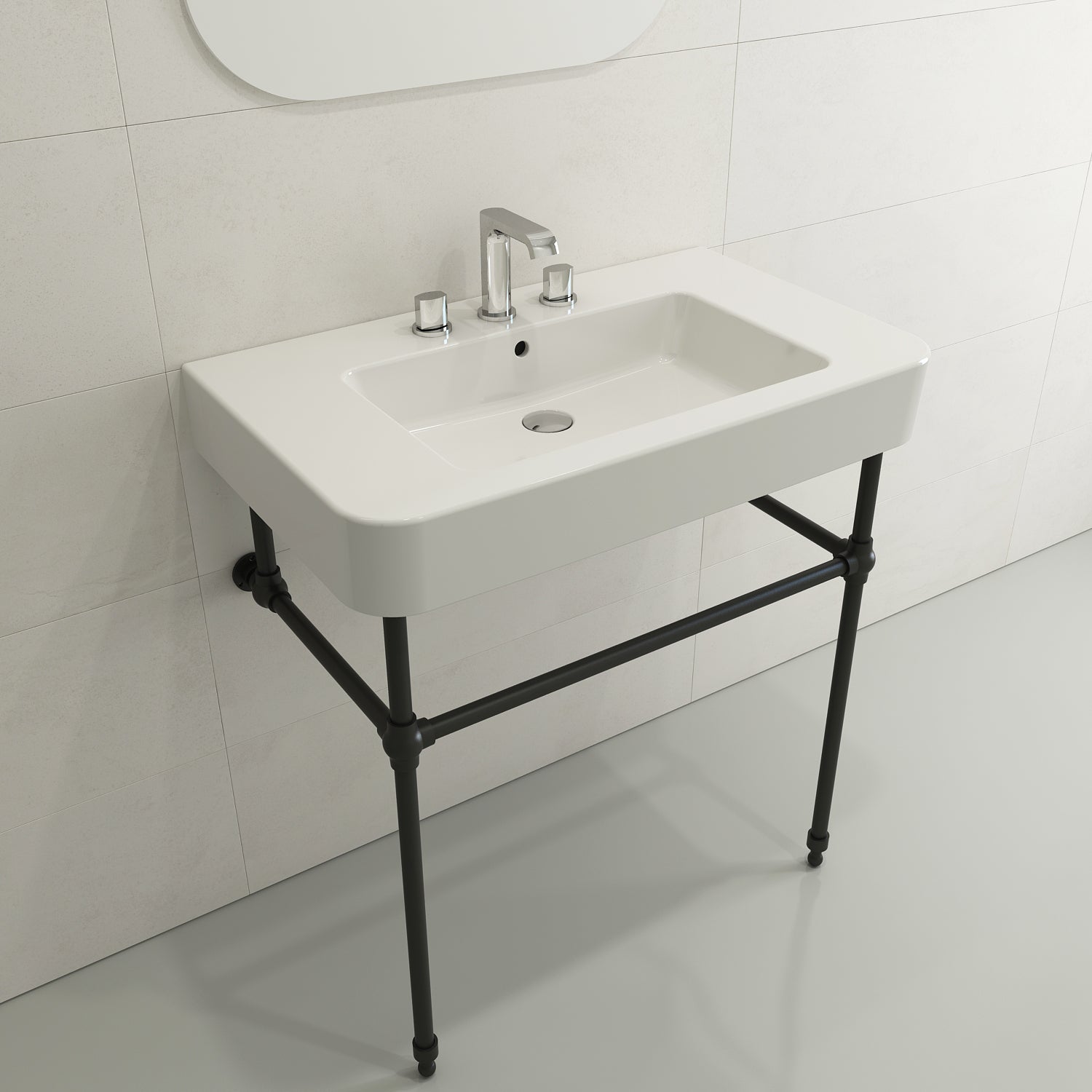 BOCCHI Parma 34" Rectangle Wallmount Fireclay Bathroom Sink, White, 3 Faucet Hole, 1124-001-0127