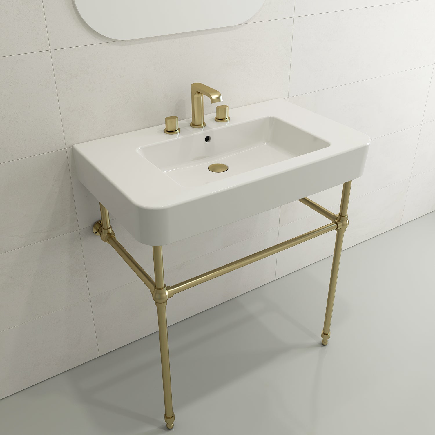 BOCCHI Parma 34" Rectangle Wallmount Fireclay Bathroom Sink, White, 3 Faucet Hole, 1124-001-0127
