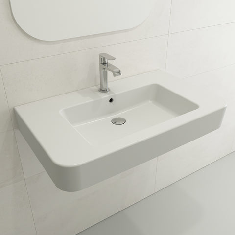 BOCCHI Parma 34" Rectangle Wallmount Fireclay Bathroom Sink, Matte White, Single Faucet Hole, 1124-002-0126