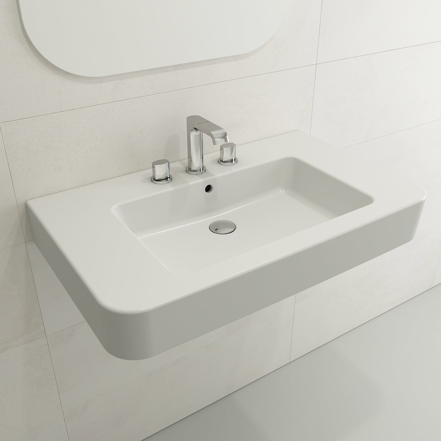 BOCCHI Parma 34" Rectangle Wallmount Fireclay Bathroom Sink, Matte White, 3 Faucet Hole, 1124-002-0127