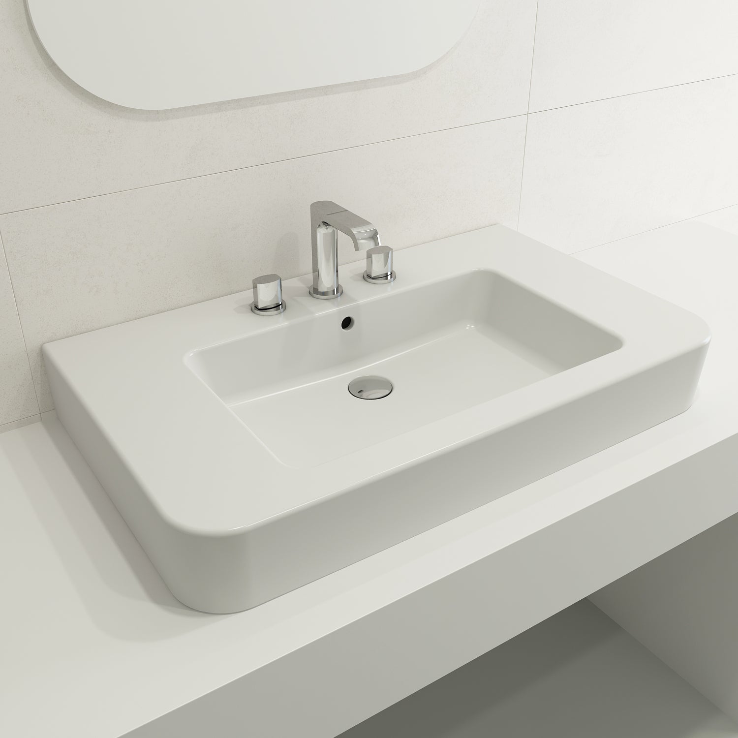 BOCCHI Parma 34" Rectangle Wallmount Fireclay Bathroom Sink, Matte White, 3 Faucet Hole, 1124-002-0127