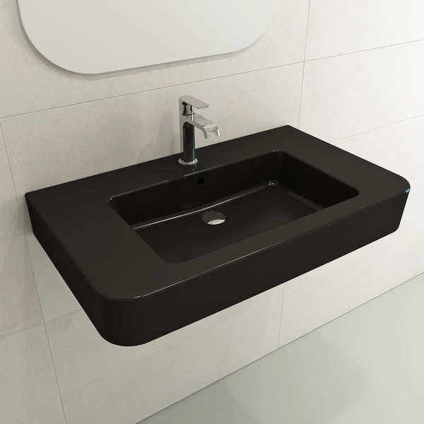 BOCCHI Parma 34" Rectangle Wallmount Fireclay Bathroom Sink, Matte Black, Single Faucet Hole, 1124-004-0126