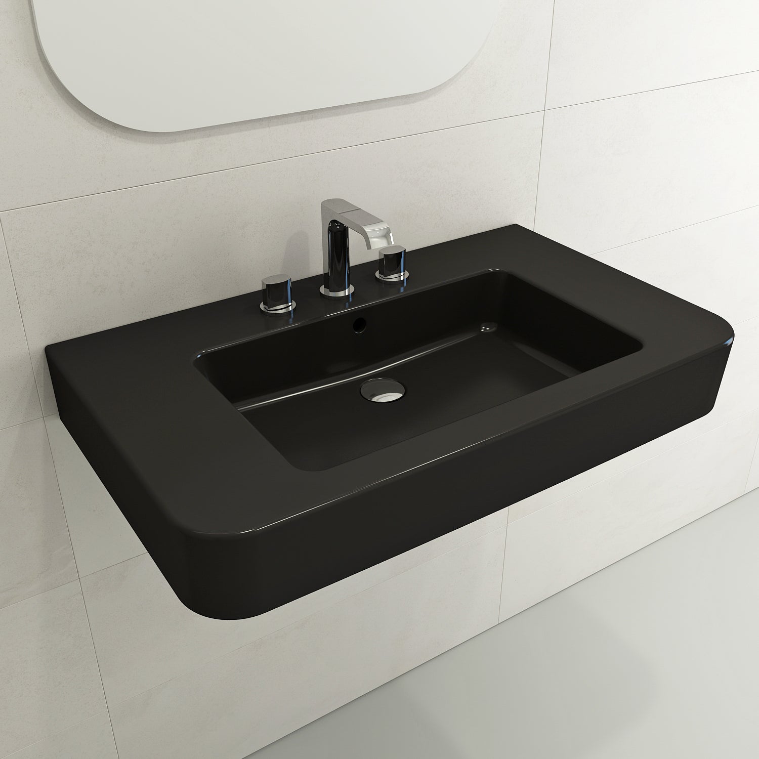 BOCCHI Parma 34" Rectangle Wallmount Fireclay Bathroom Sink, Matte Black, 3 Faucet Hole, 1124-004-0127